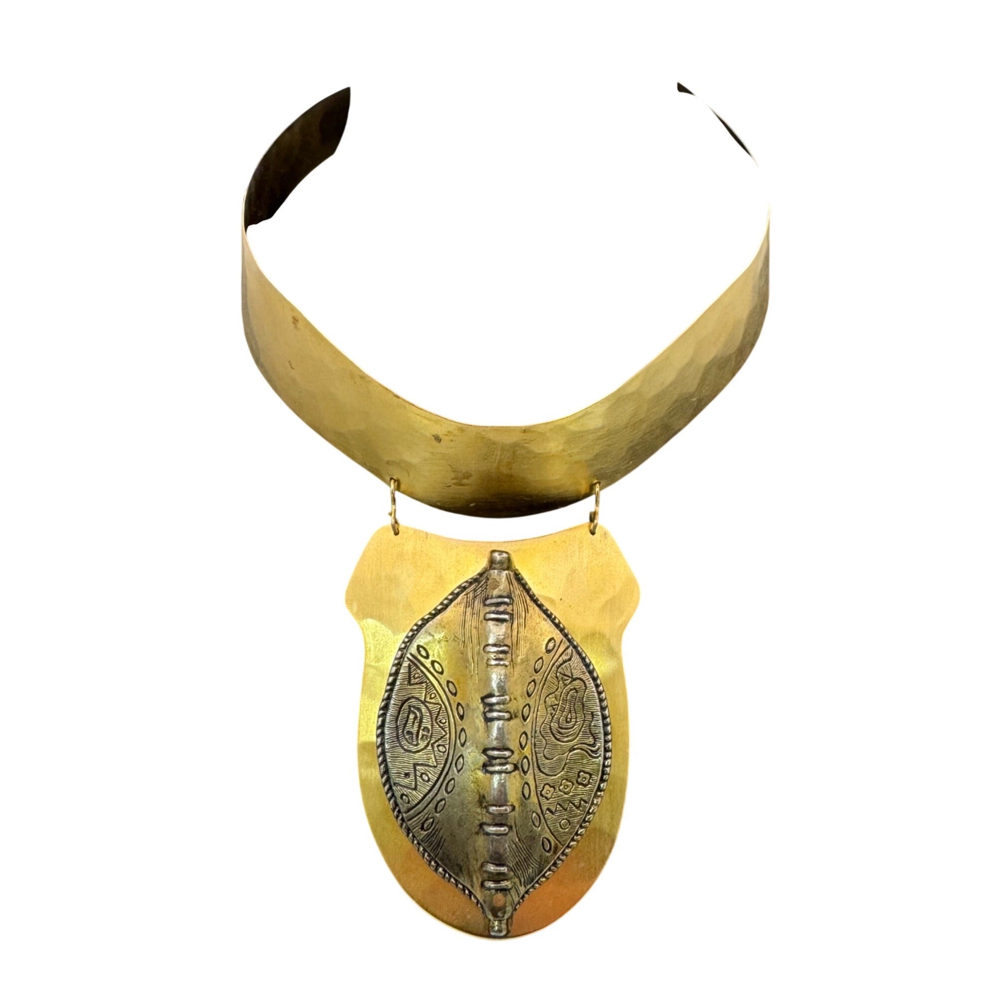 Vintage Brass Silver Ethiopian Statement Necklace Hammered Tribal Design Pendant