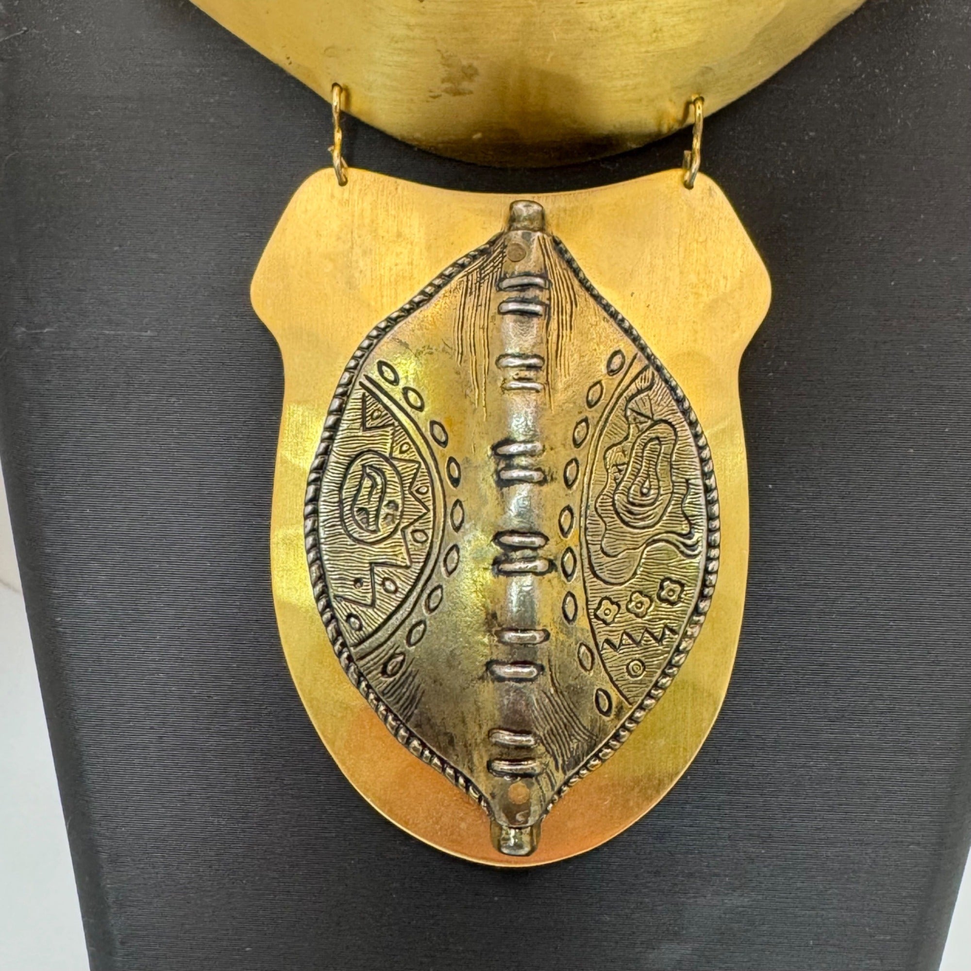 Vintage Brass Silver Ethiopian Statement Necklace Hammered Tribal Design Pendant