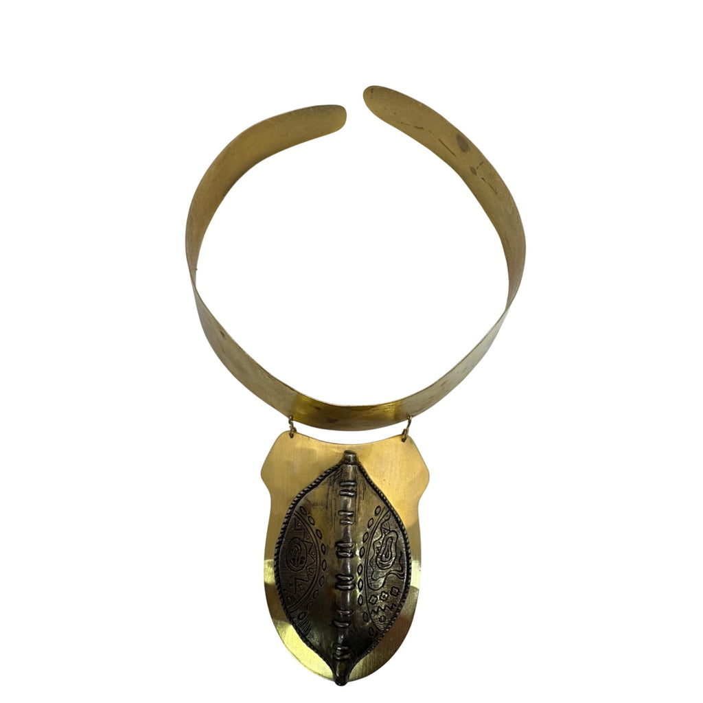 Vintage Brass Silver Ethiopian Statement Necklace Hammered Tribal Design Pendant