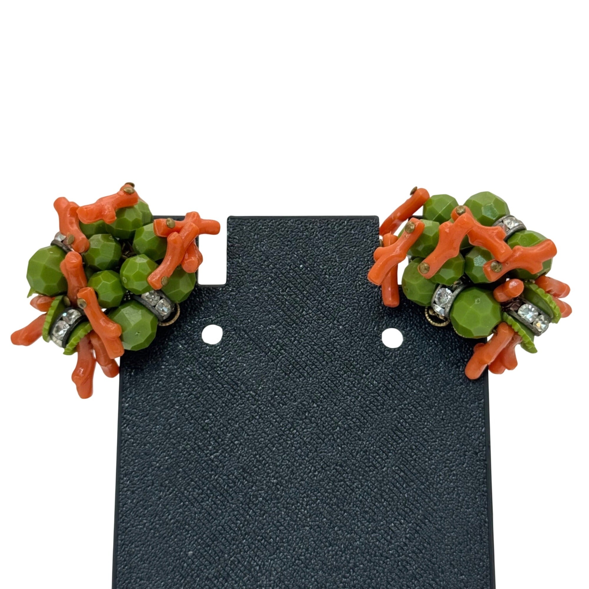 Miriam Haskell Coral Green Crystal Glass Beaded Clip-On Earrings Rhinestone Vtg