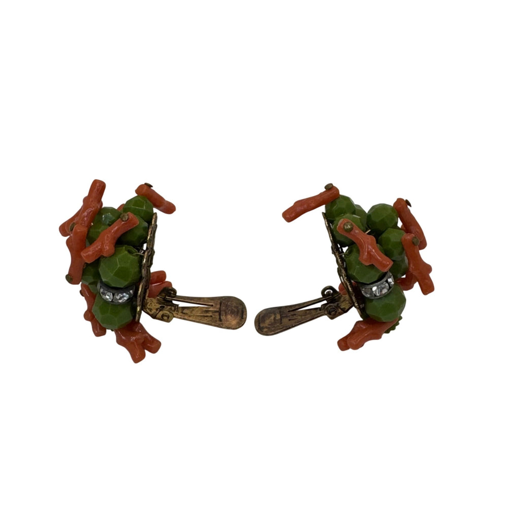 Miriam Haskell Coral Green Crystal Glass Beaded Clip-On Earrings Rhinestone Vtg