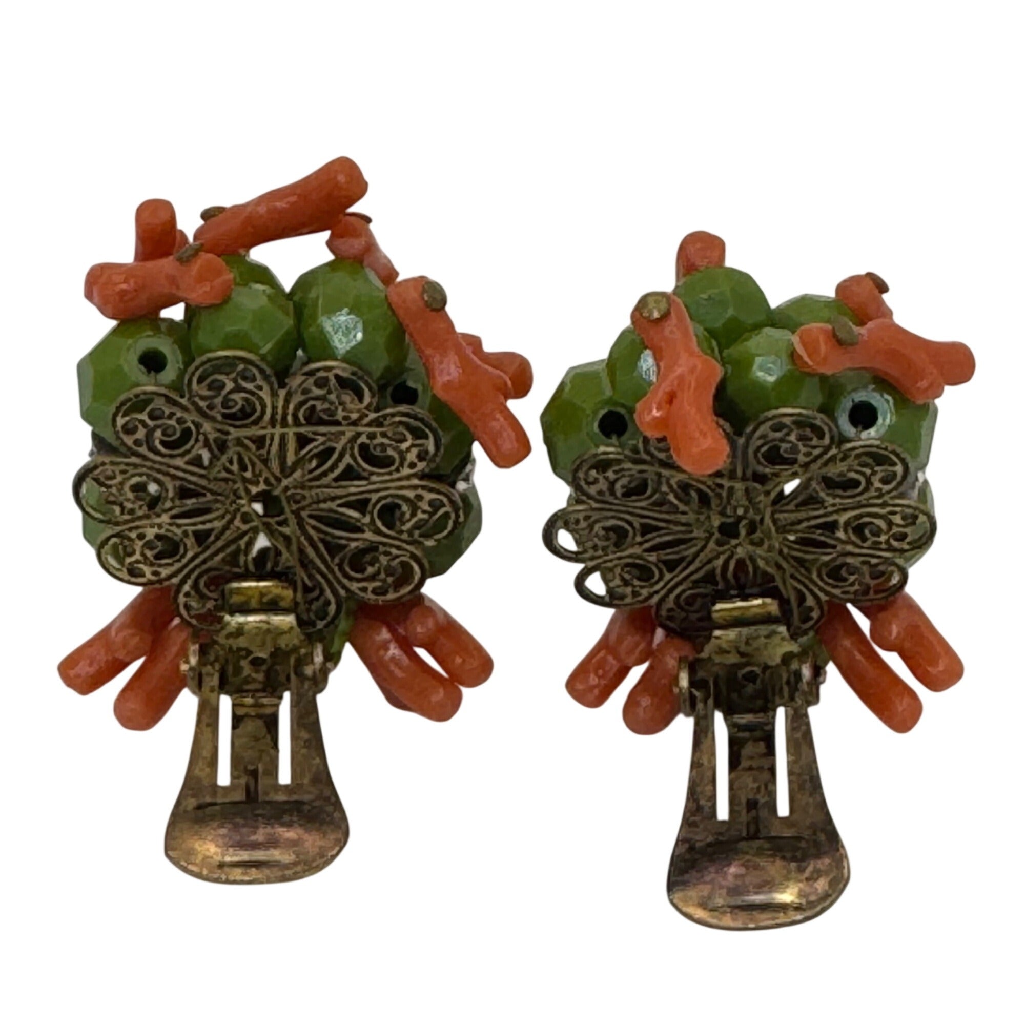 Miriam Haskell Coral Green Crystal Glass Beaded Clip-On Earrings Rhinestone Vtg