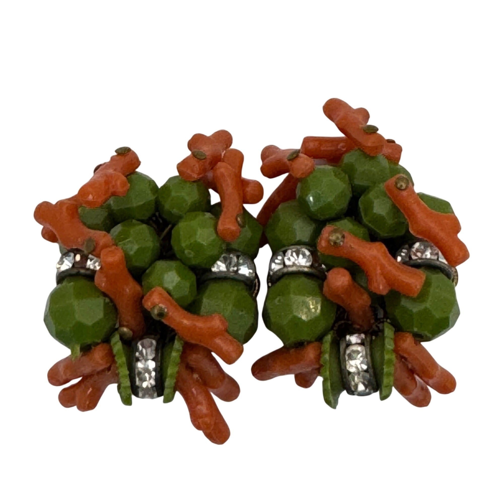 Miriam Haskell Coral Green Crystal Glass Beaded Clip-On Earrings Rhinestone Vtg