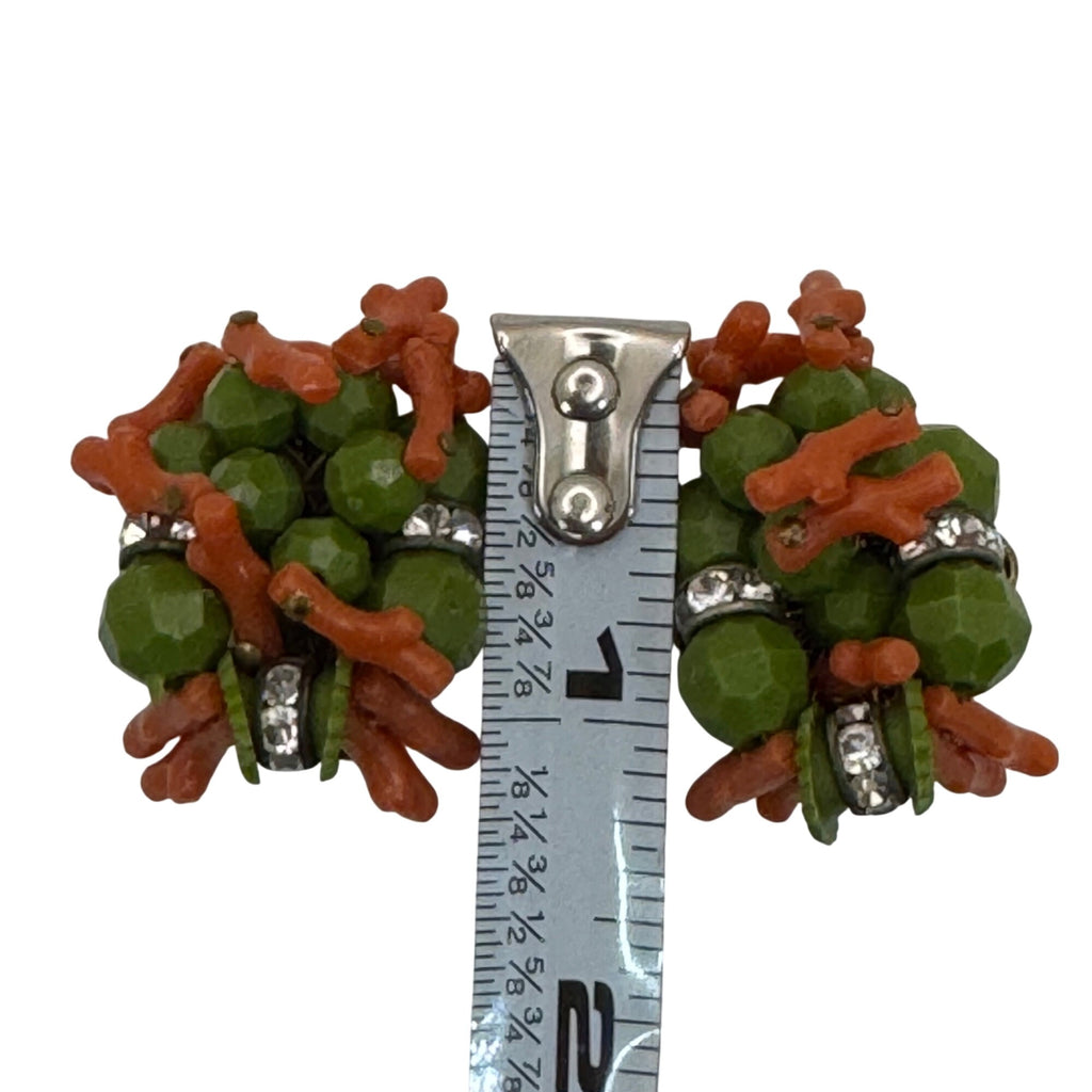 Miriam Haskell Coral Green Crystal Glass Beaded Clip-On Earrings Rhinestone Vtg
