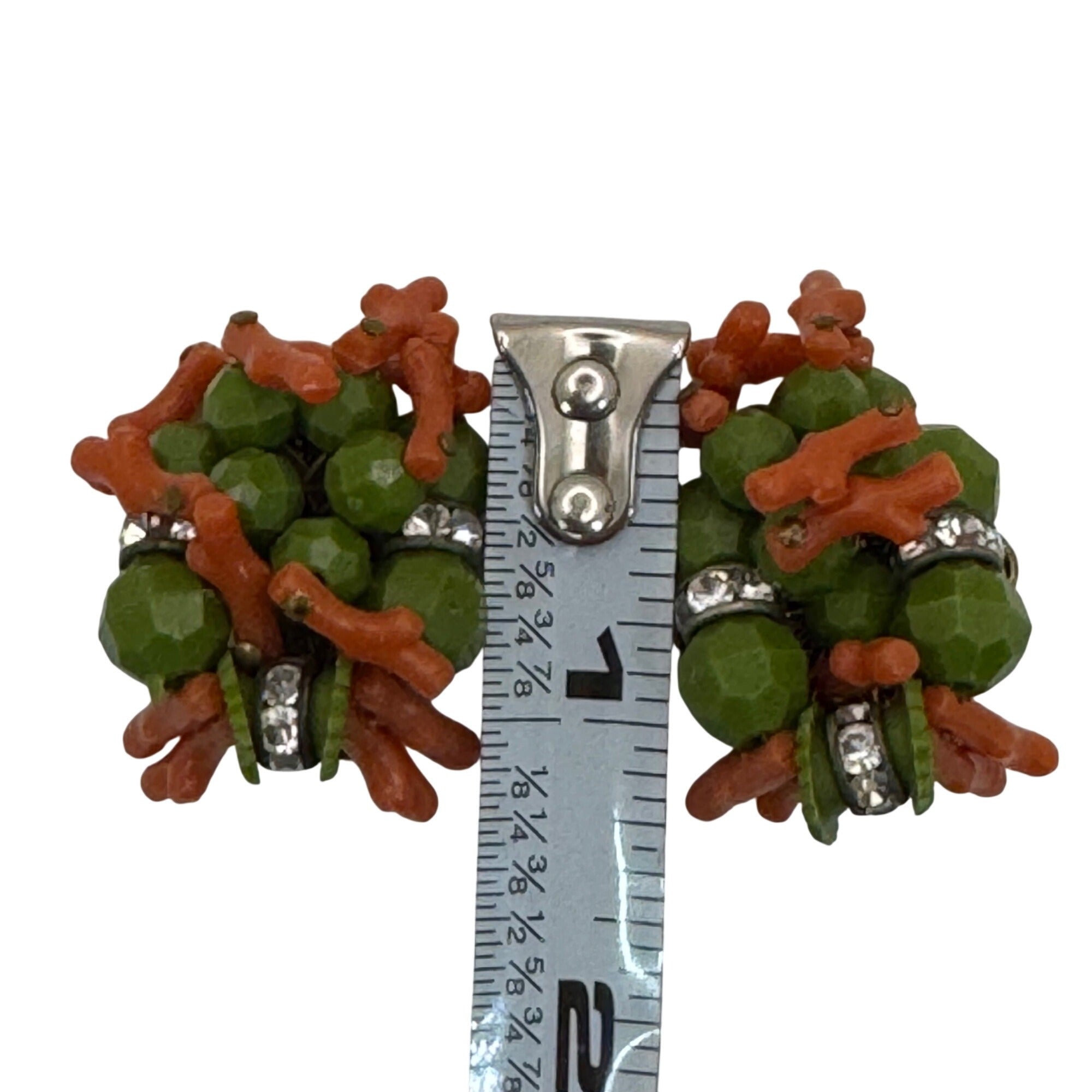 Miriam Haskell Coral Green Crystal Glass Beaded Clip-On Earrings Rhinestone Vtg