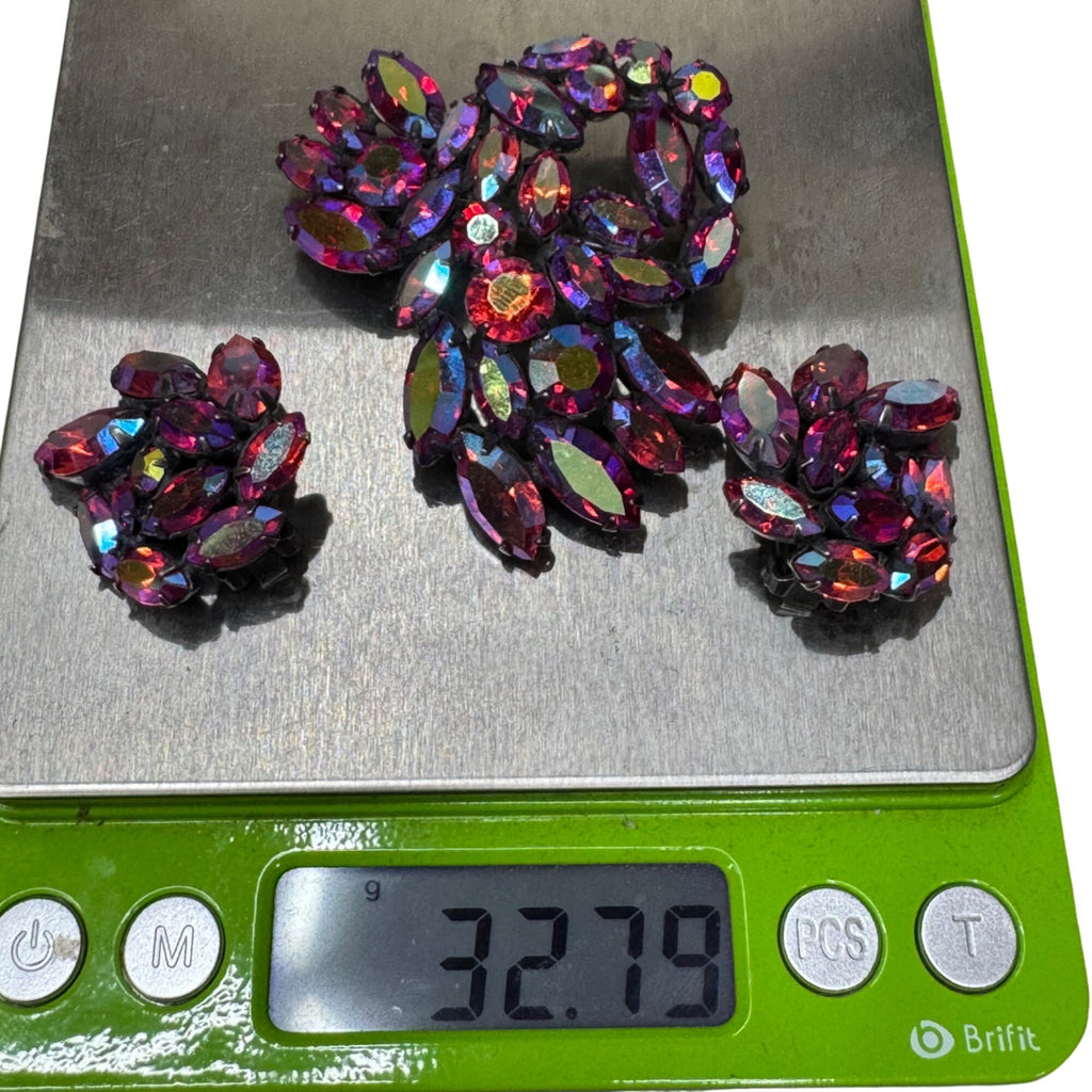 Regency Pink Red Aurora Borealis Rhinestone Brooch Clip-On Earrings Set Vintage