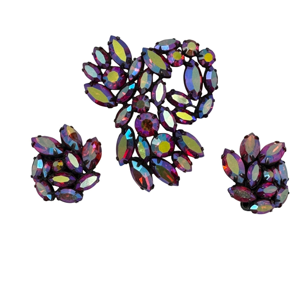 Regency Pink Red Aurora Borealis Rhinestone Brooch Clip-On Earrings Set Vintage