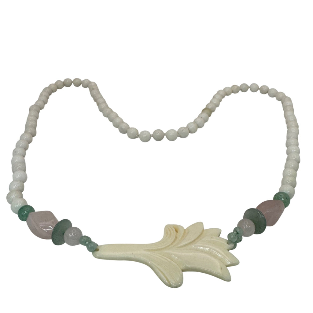White Jade Beads Floral Pendant Necklace Green Adventurine Rose Quartz Pink 28"