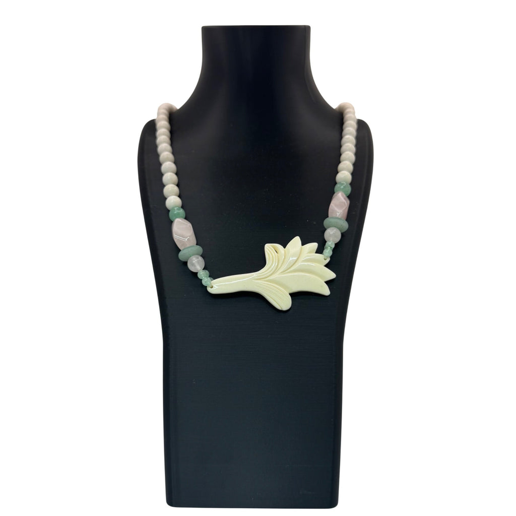 White Jade Beads Floral Pendant Necklace Green Adventurine Rose Quartz Pink 28"