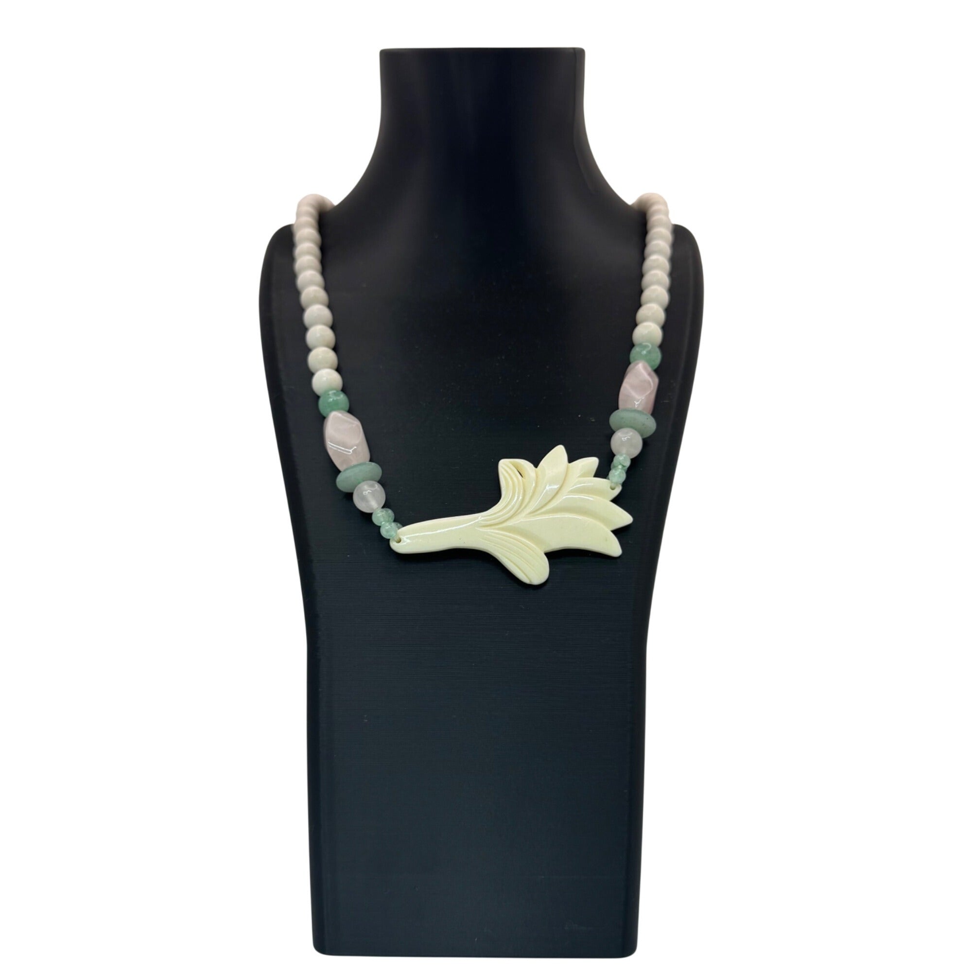 White Jade Beads Floral Pendant Necklace Green Adventurine Rose Quartz Pink 28"