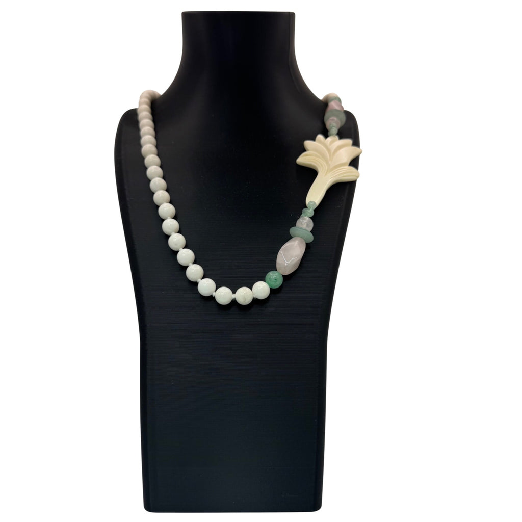 White Jade Beads Floral Pendant Necklace Green Adventurine Rose Quartz Pink 28"
