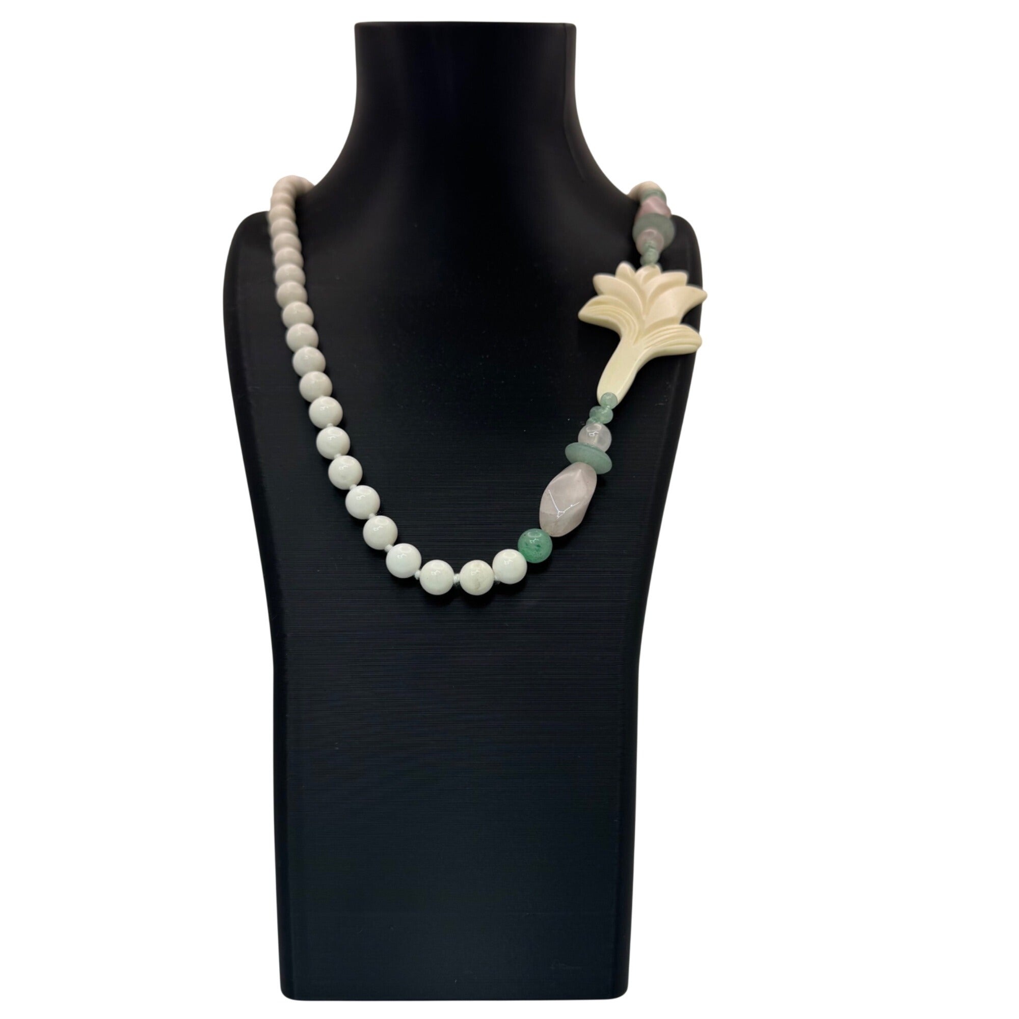 White Jade Beads Floral Pendant Necklace Green Adventurine Rose Quartz Pink 28"