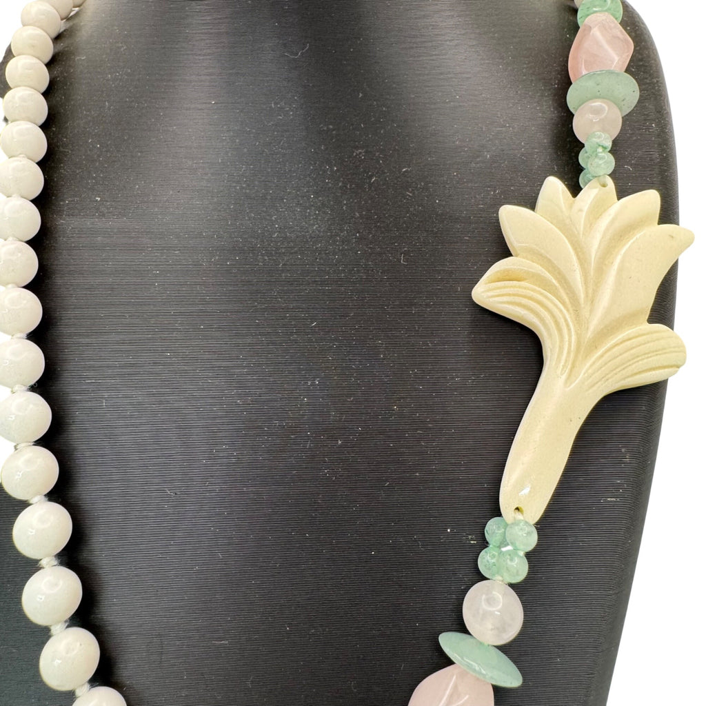 White Jade Beads Floral Pendant Necklace Green Adventurine Rose Quartz Pink 28"