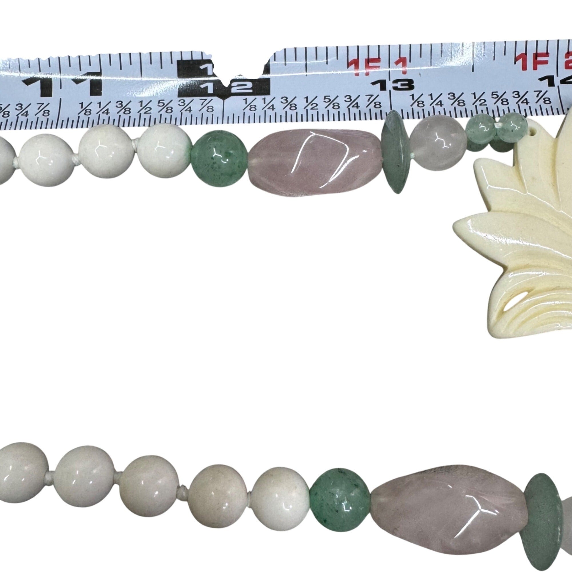 White Jade Beads Floral Pendant Necklace Green Adventurine Rose Quartz Pink 28"
