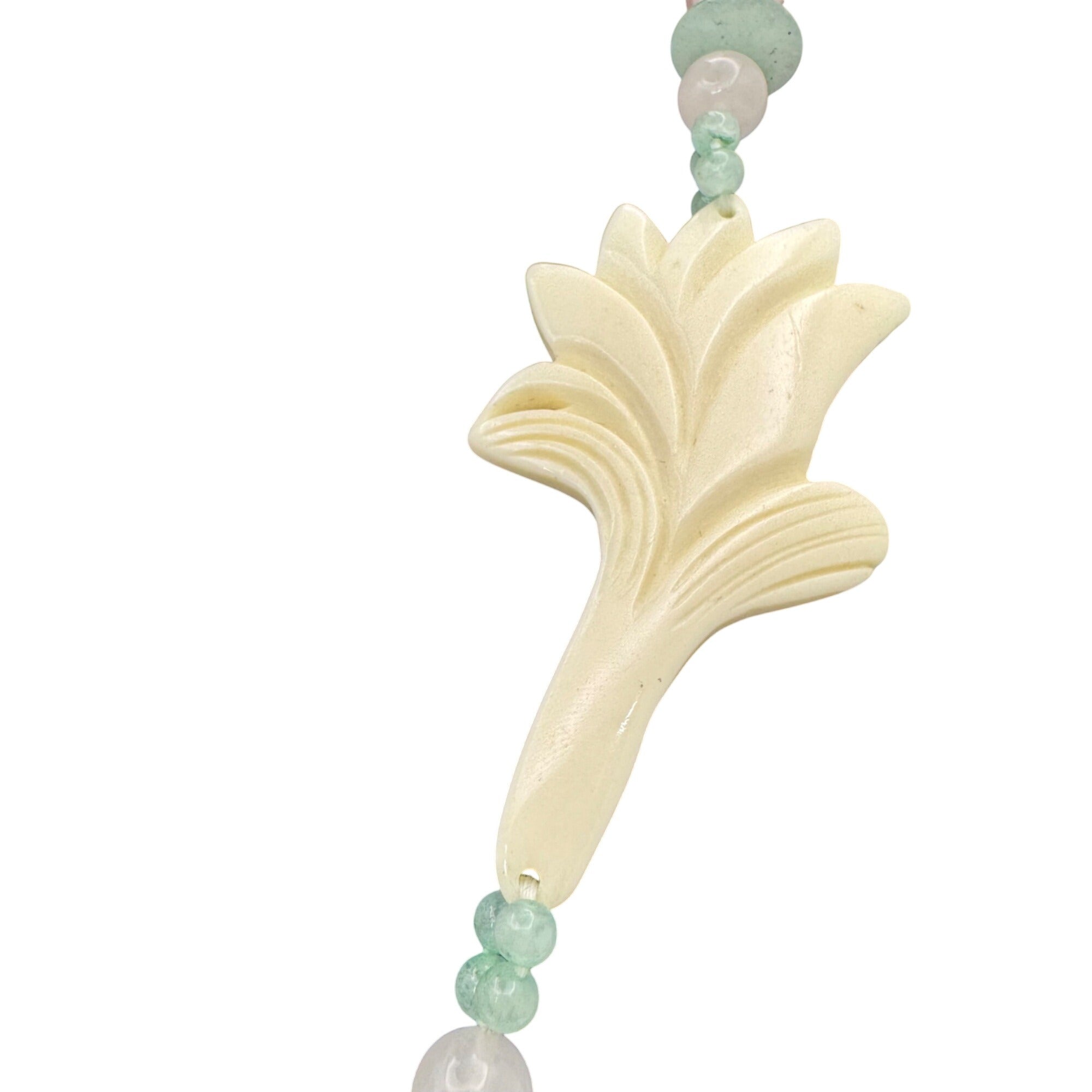 White Jade Beads Floral Pendant Necklace Green Adventurine Rose Quartz Pink 28"