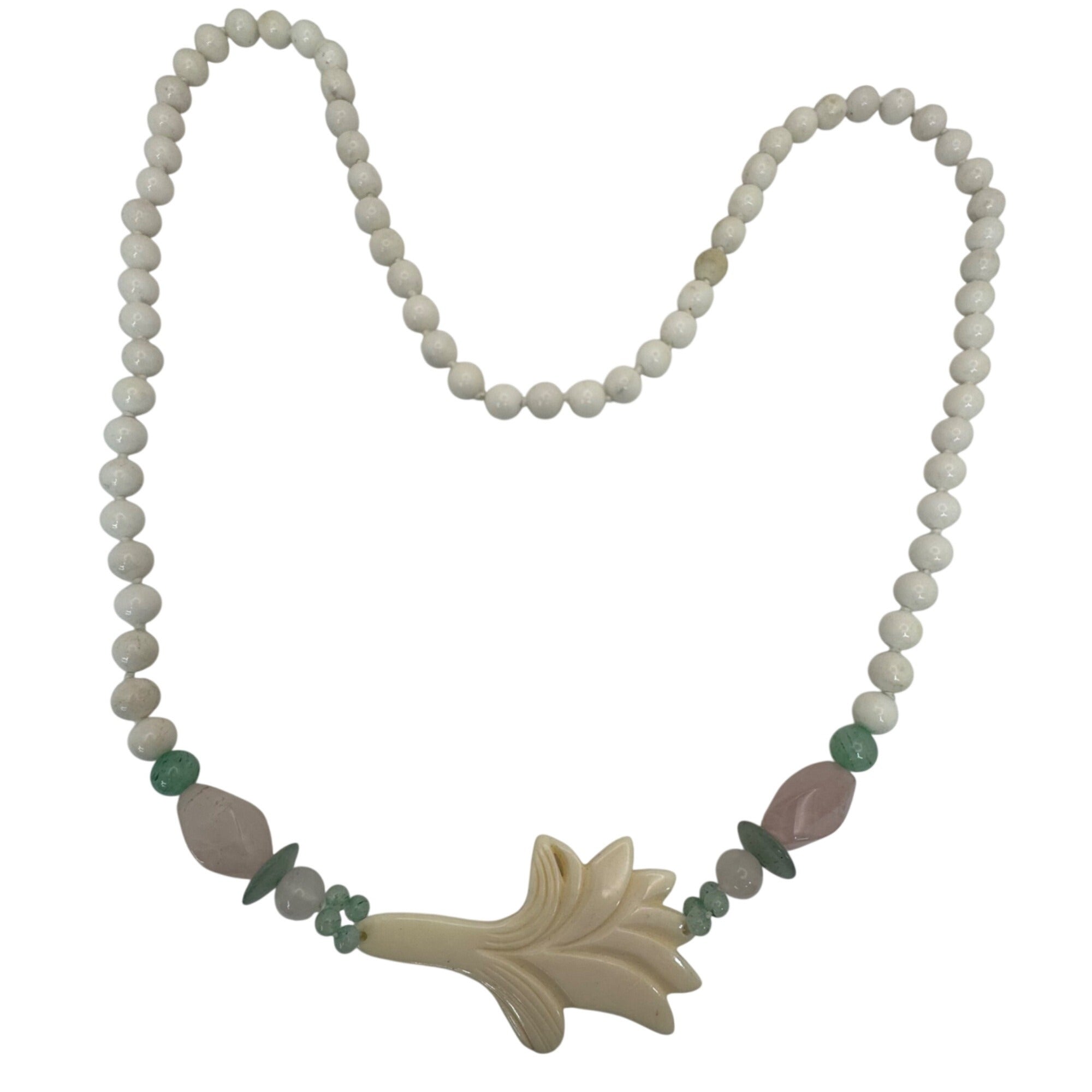 White Jade Beads Floral Pendant Necklace Green Adventurine Rose Quartz Pink 28"