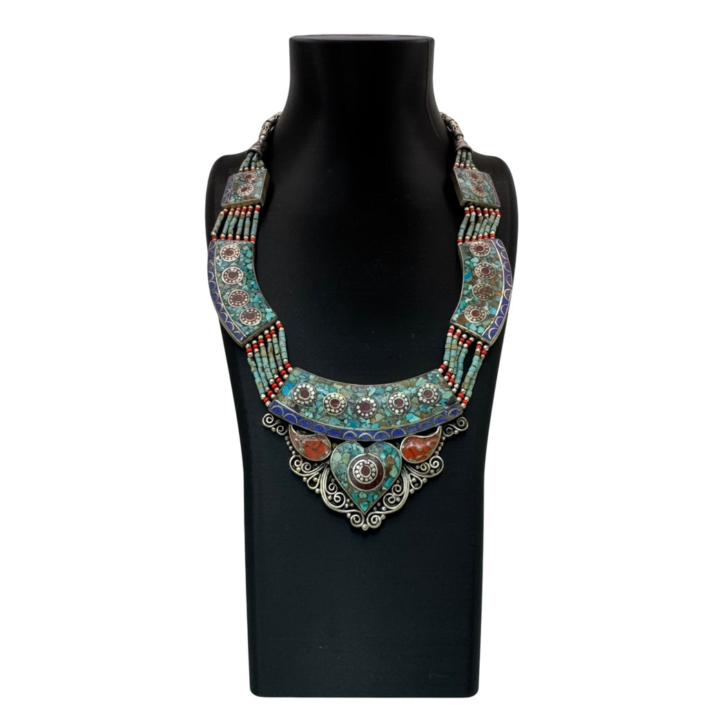 Vtg Tibetan Turquoise & Coral Inlay Tribal Necklace Heart Nepal Choker Statement