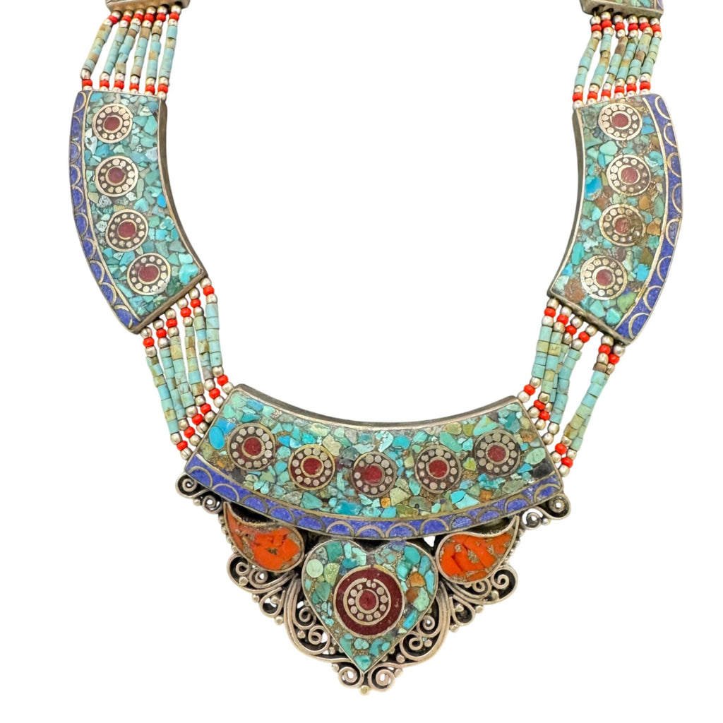 Vtg Tibetan Turquoise & Coral Inlay Tribal Necklace Heart Nepal Choker Statement