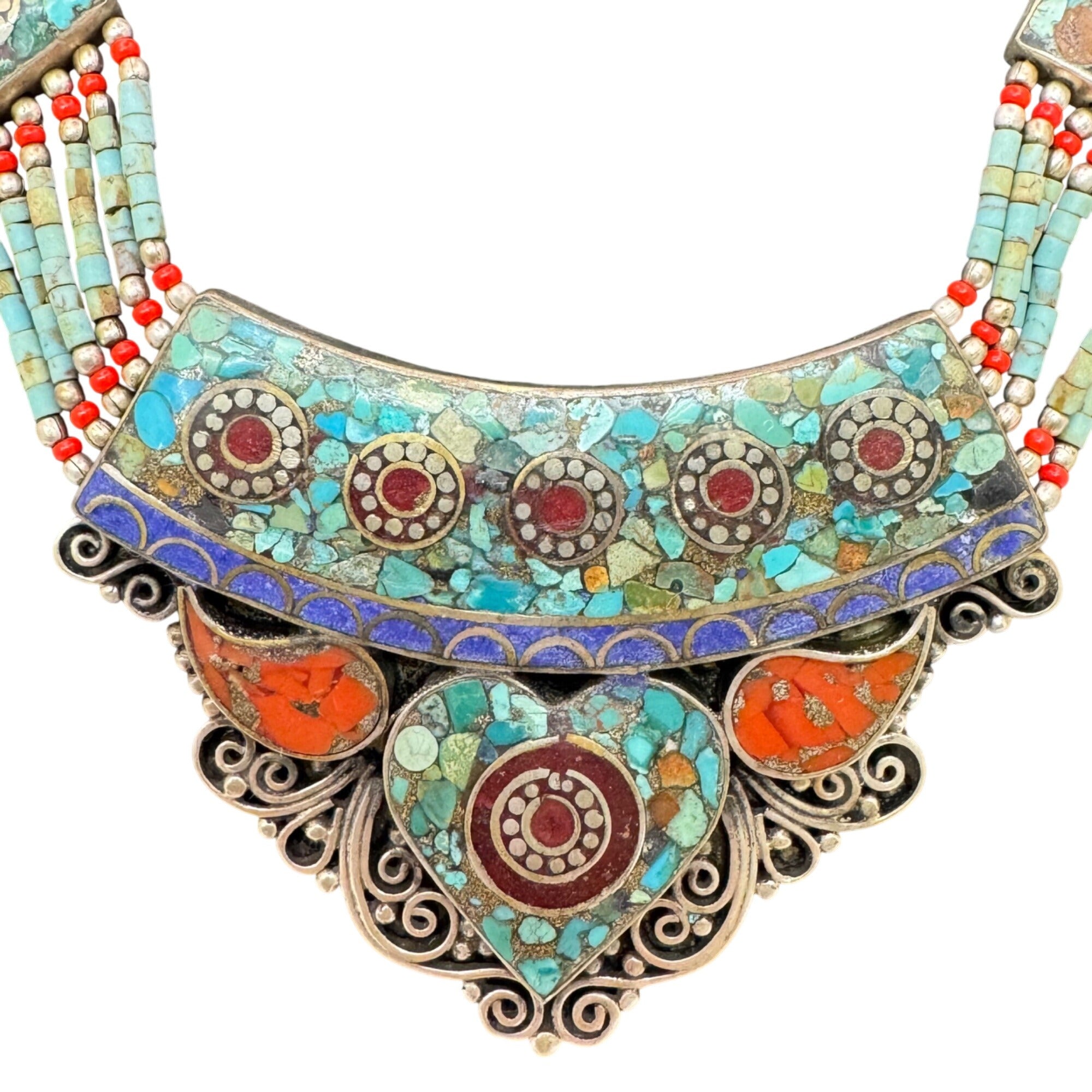 Vtg Tibetan Turquoise & Coral Inlay Tribal Necklace Heart Nepal Choker Statement