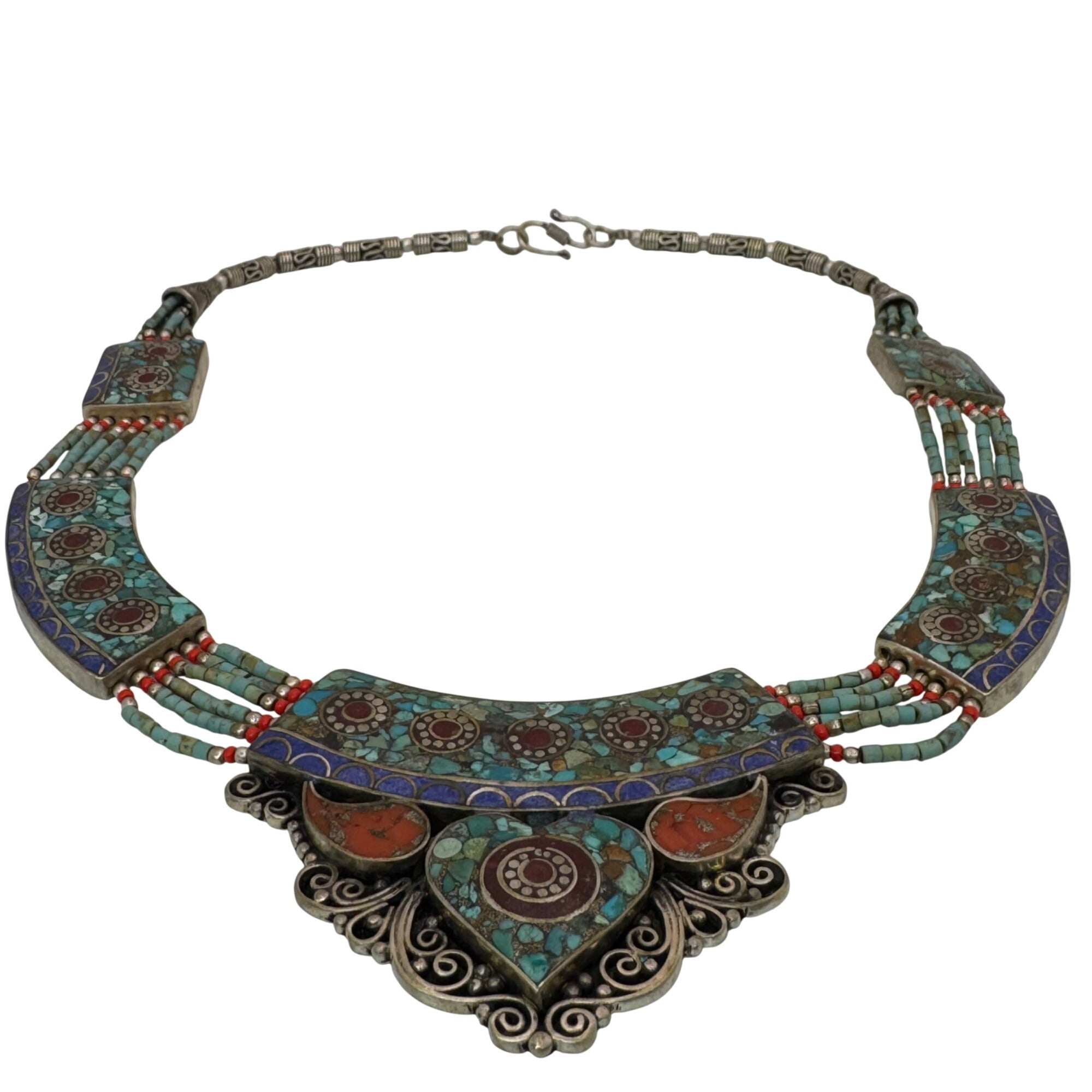 Vtg Tibetan Turquoise & Coral Inlay Tribal Necklace Heart Nepal Choker Statement