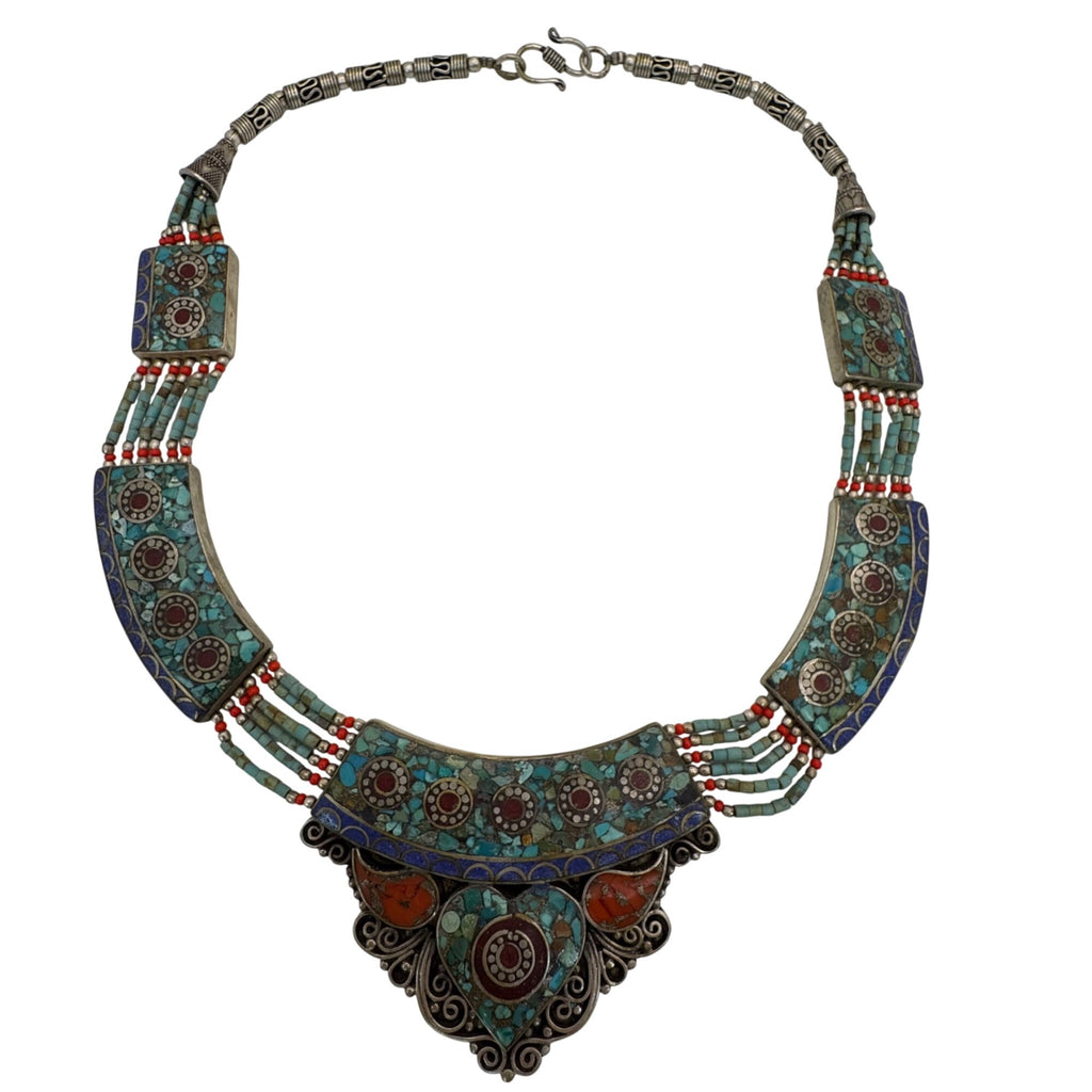Vtg Tibetan Turquoise & Coral Inlay Tribal Necklace Heart Nepal Choker Statement