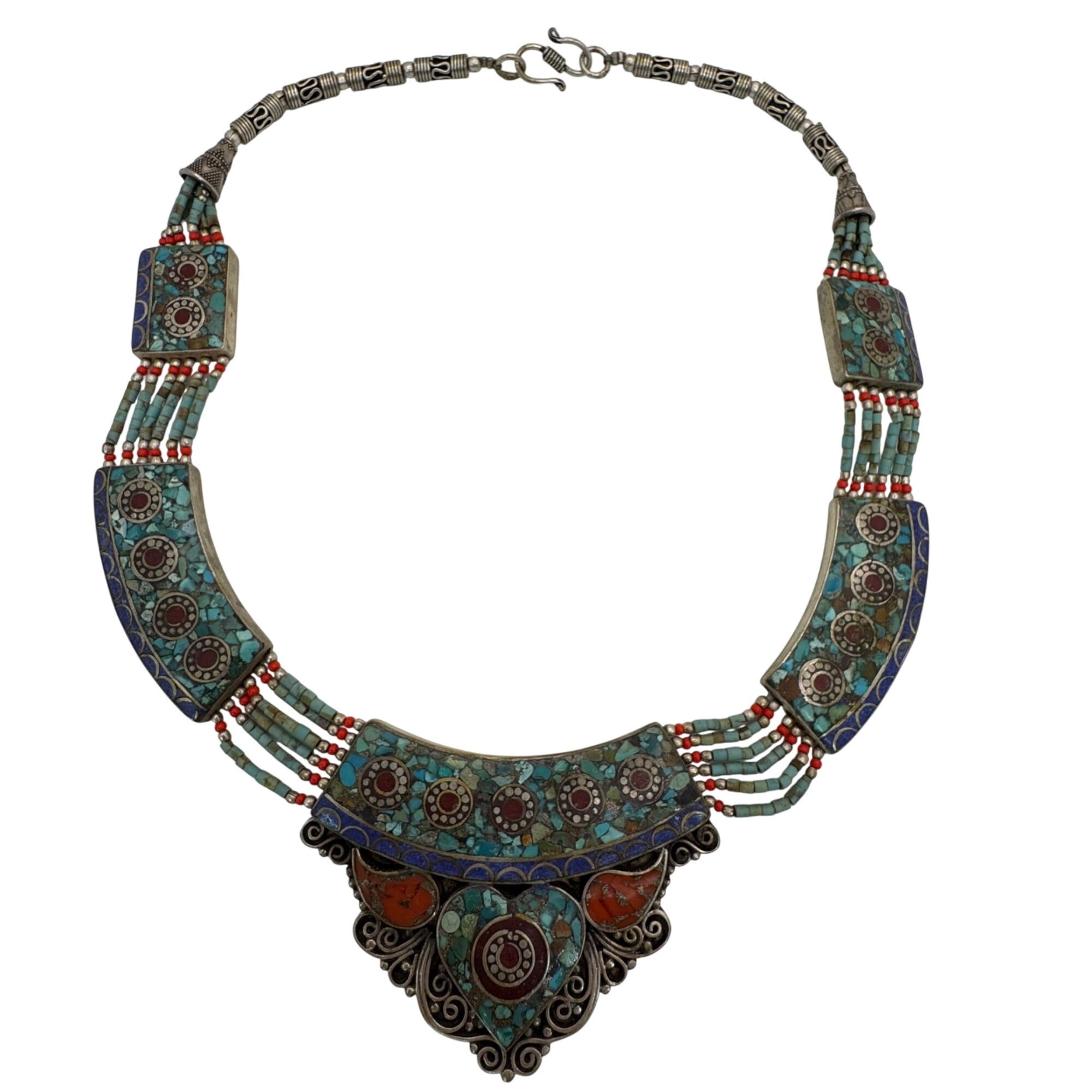 Vtg Tibetan Turquoise & Coral Inlay Tribal Necklace Heart Nepal Choker Statement