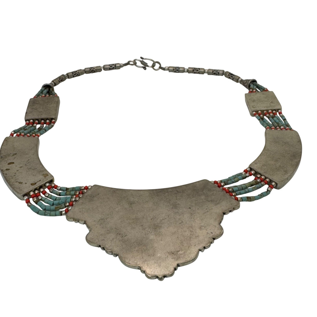 Vtg Tibetan Turquoise & Coral Inlay Tribal Necklace Heart Nepal Choker Statement