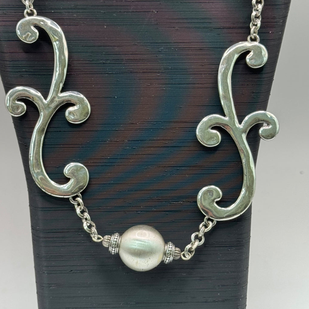 Brighton Bellows Silver-Tone Necklace Ornate Scrollwork Faux Pearl Beads 22" NEW
