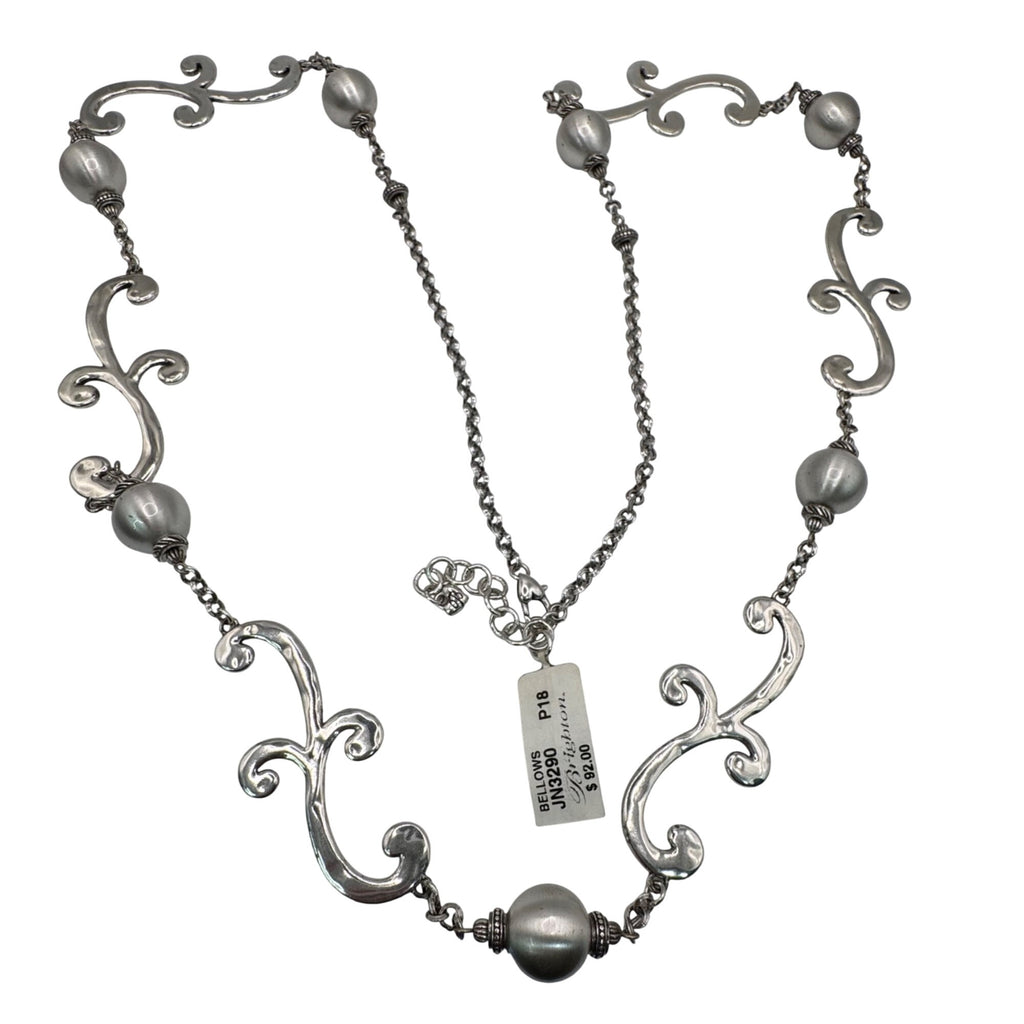 Brighton Bellows Silver-Tone Necklace Ornate Scrollwork Faux Pearl Beads 22" NEW
