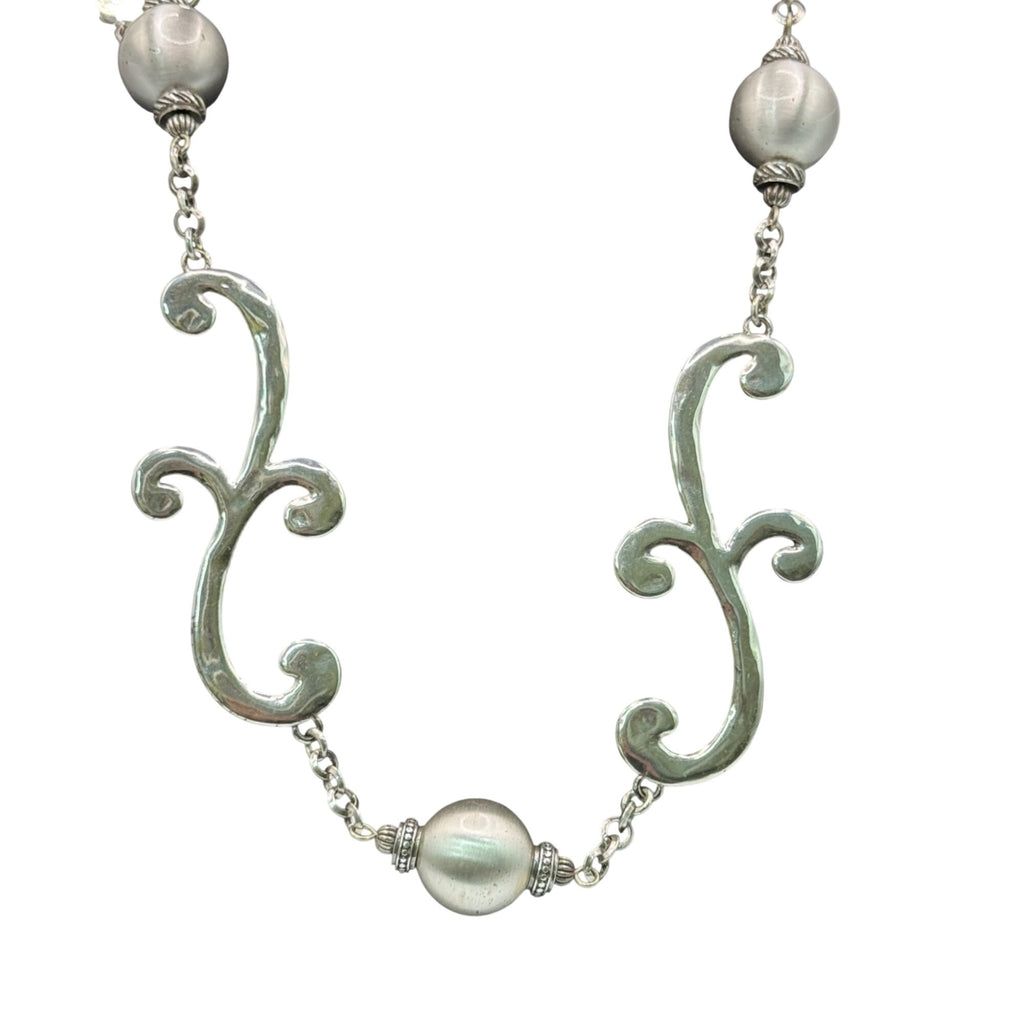 Brighton Bellows Silver-Tone Necklace Ornate Scrollwork Faux Pearl Beads 22" NEW