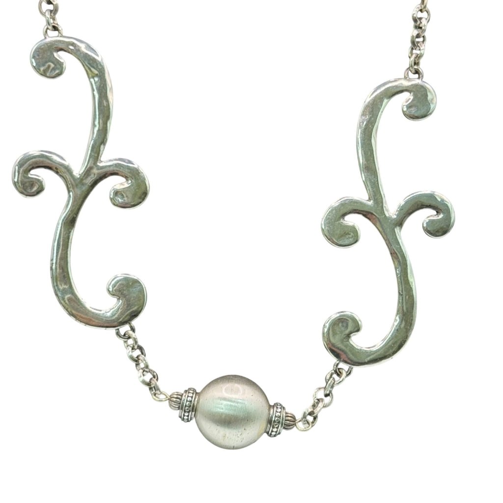 Brighton Bellows Silver-Tone Necklace Ornate Scrollwork Faux Pearl Beads 22" NEW
