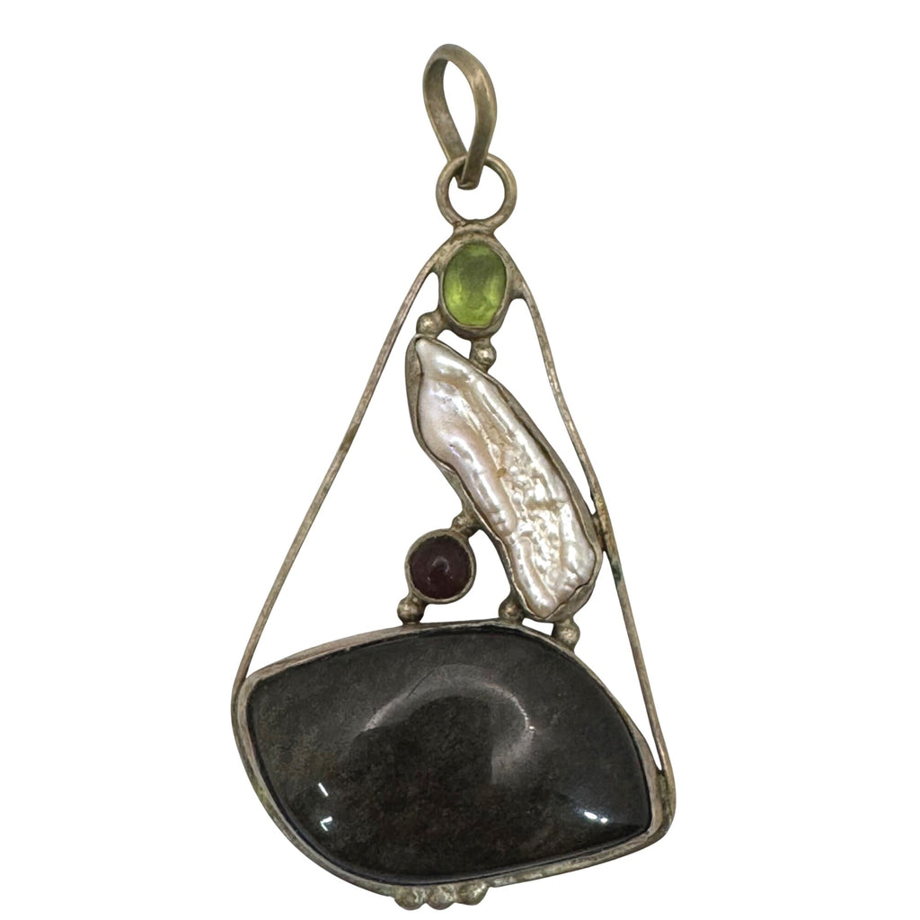 Abstract Sterling Silver Pendant Agate Baroque Pearl Peridot Garnet Artisan VTG