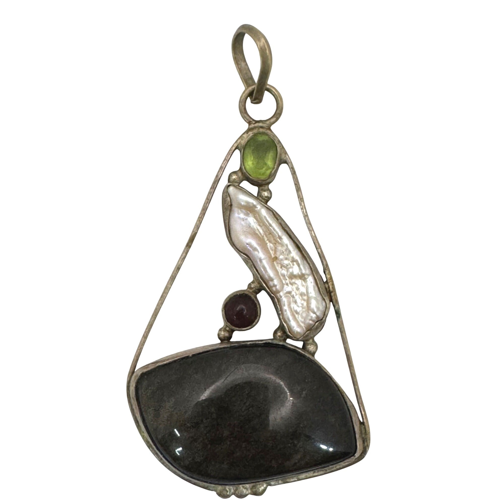 Abstract Sterling Silver Pendant Agate Baroque Pearl Peridot Garnet Artisan VTG
