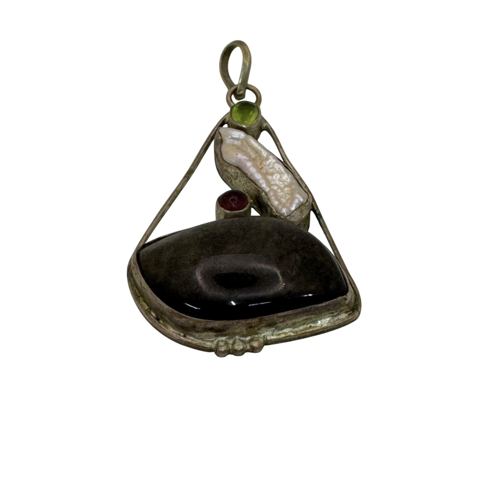 Abstract Sterling Silver Pendant Agate Baroque Pearl Peridot Garnet Artisan VTG