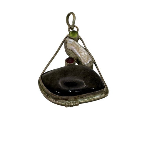 Abstract Sterling Silver Pendant Agate Baroque Pearl Peridot Garnet Artisan VTG