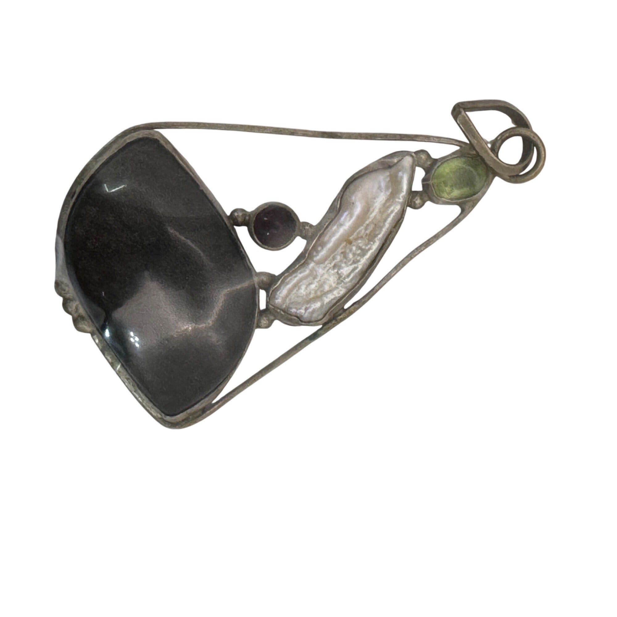 Abstract Sterling Silver Pendant Agate Baroque Pearl Peridot Garnet Artisan VTG