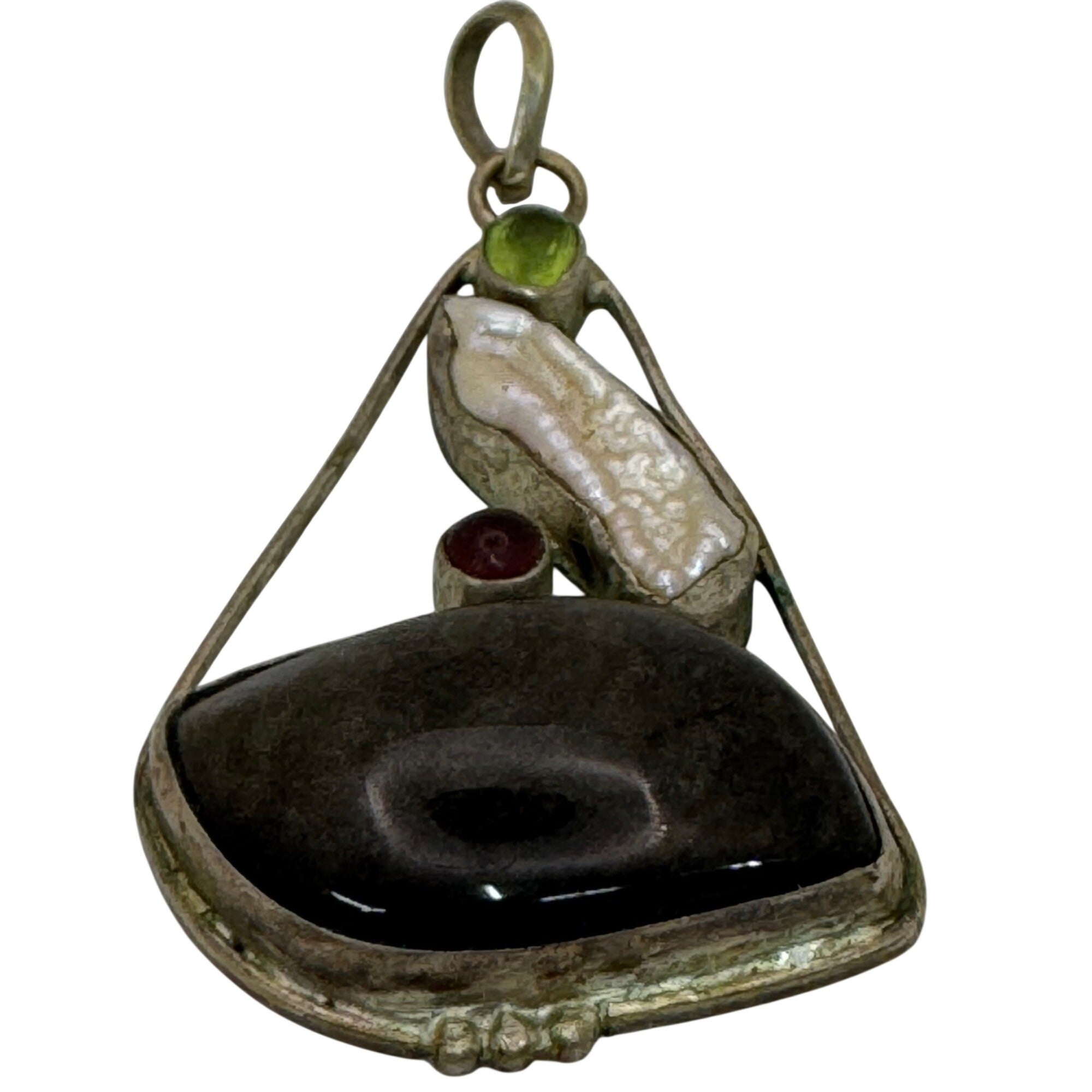 Abstract Sterling Silver Pendant Agate Baroque Pearl Peridot Garnet Artisan VTG