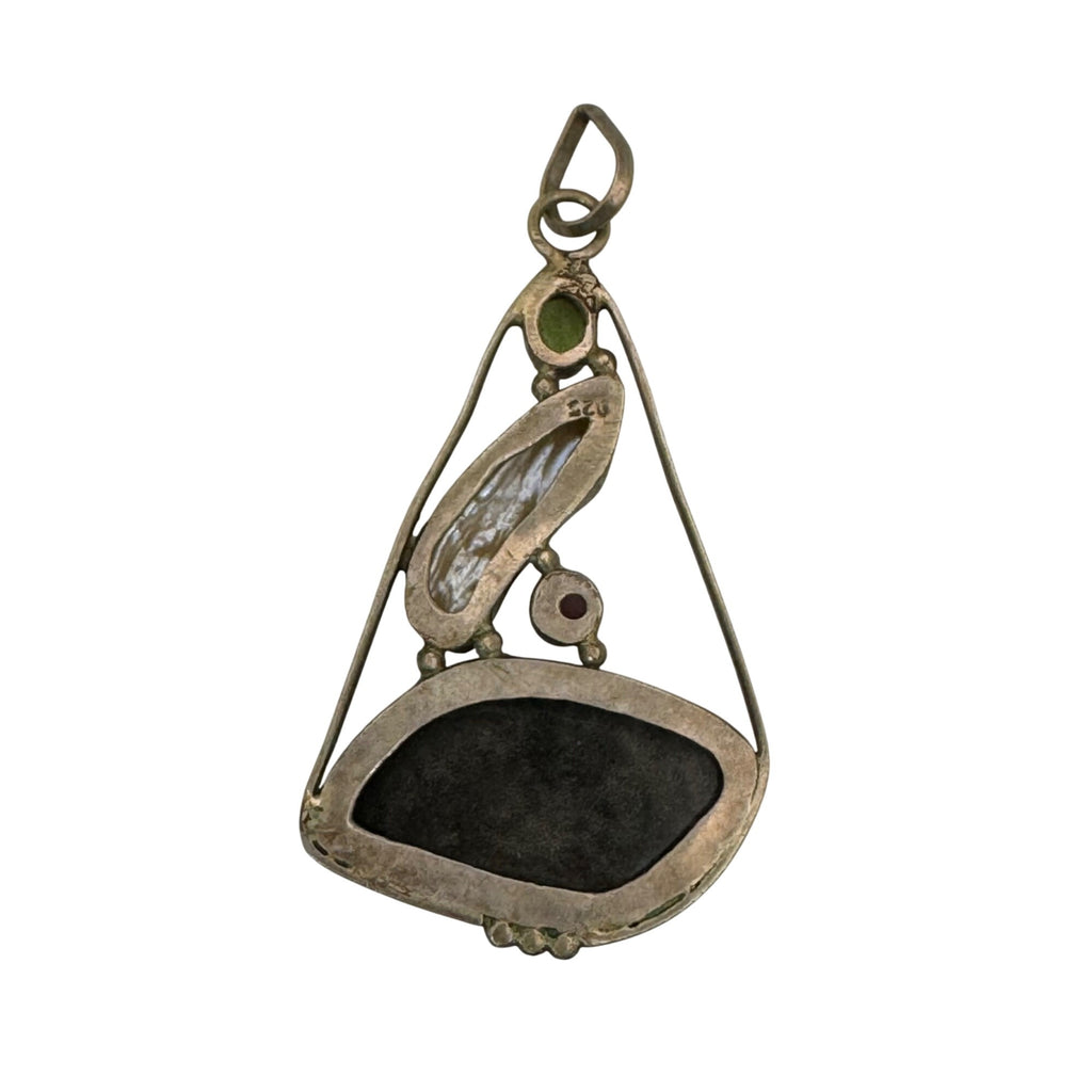 Abstract Sterling Silver Pendant Agate Baroque Pearl Peridot Garnet Artisan VTG