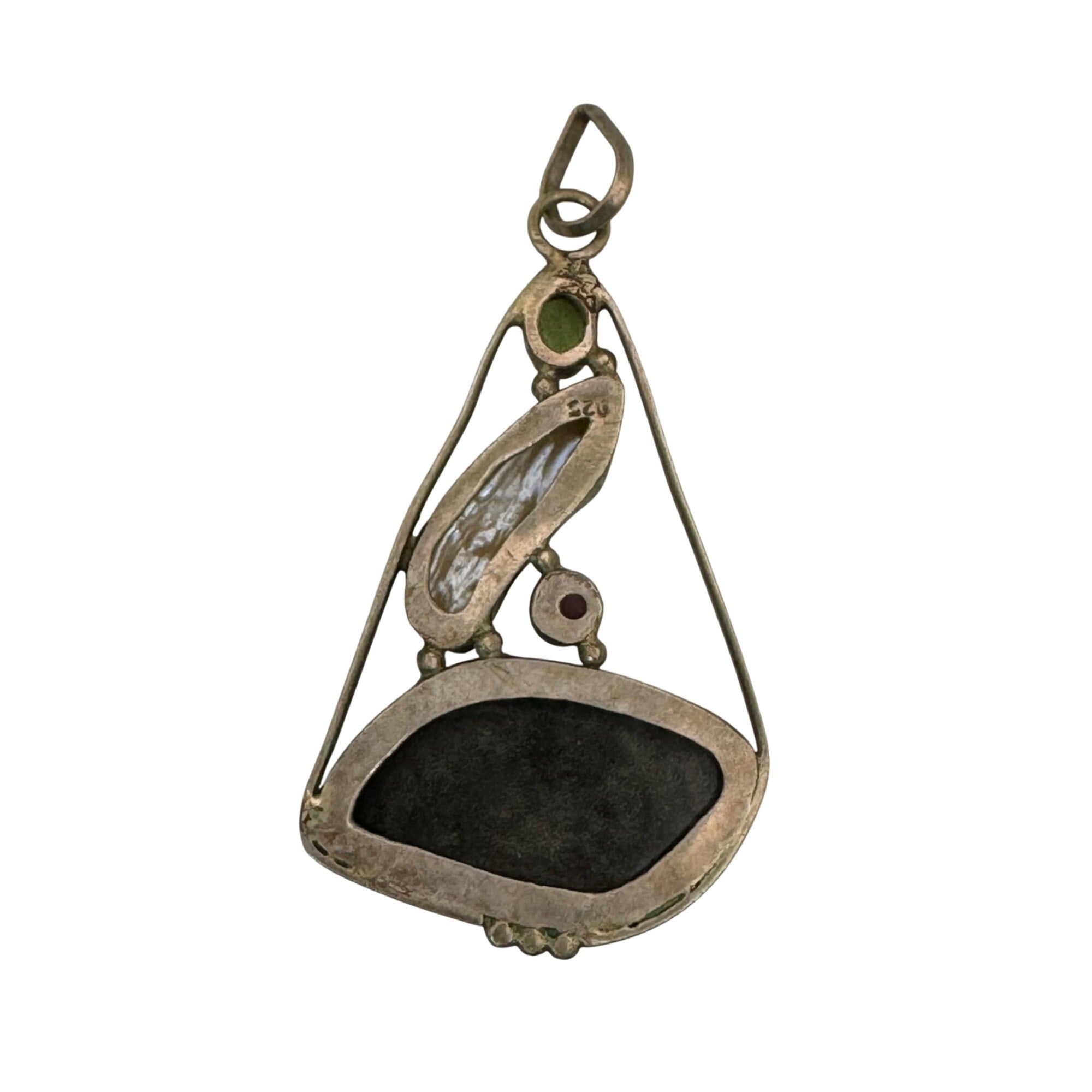 Abstract Sterling Silver Pendant Agate Baroque Pearl Peridot Garnet Artisan VTG
