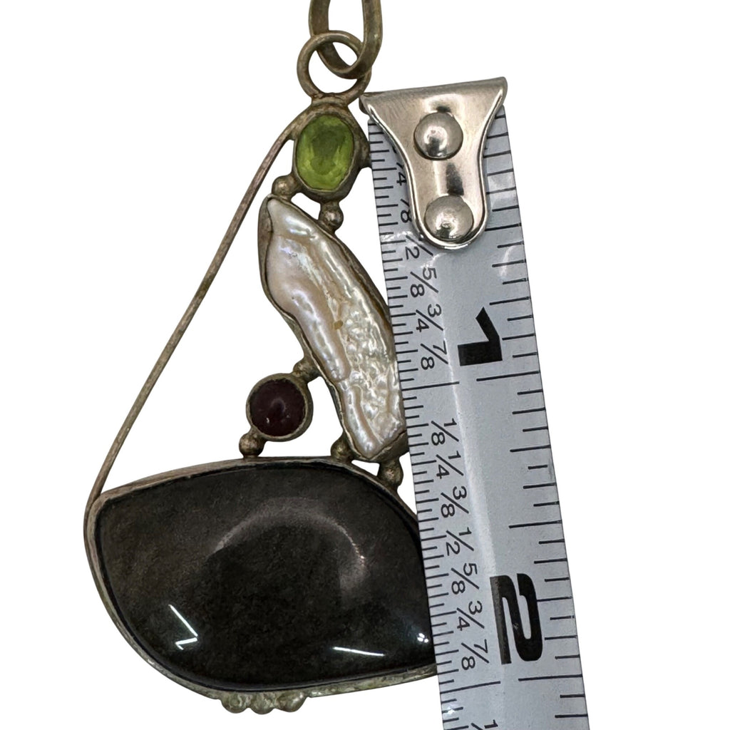 Abstract Sterling Silver Pendant Agate Baroque Pearl Peridot Garnet Artisan VTG