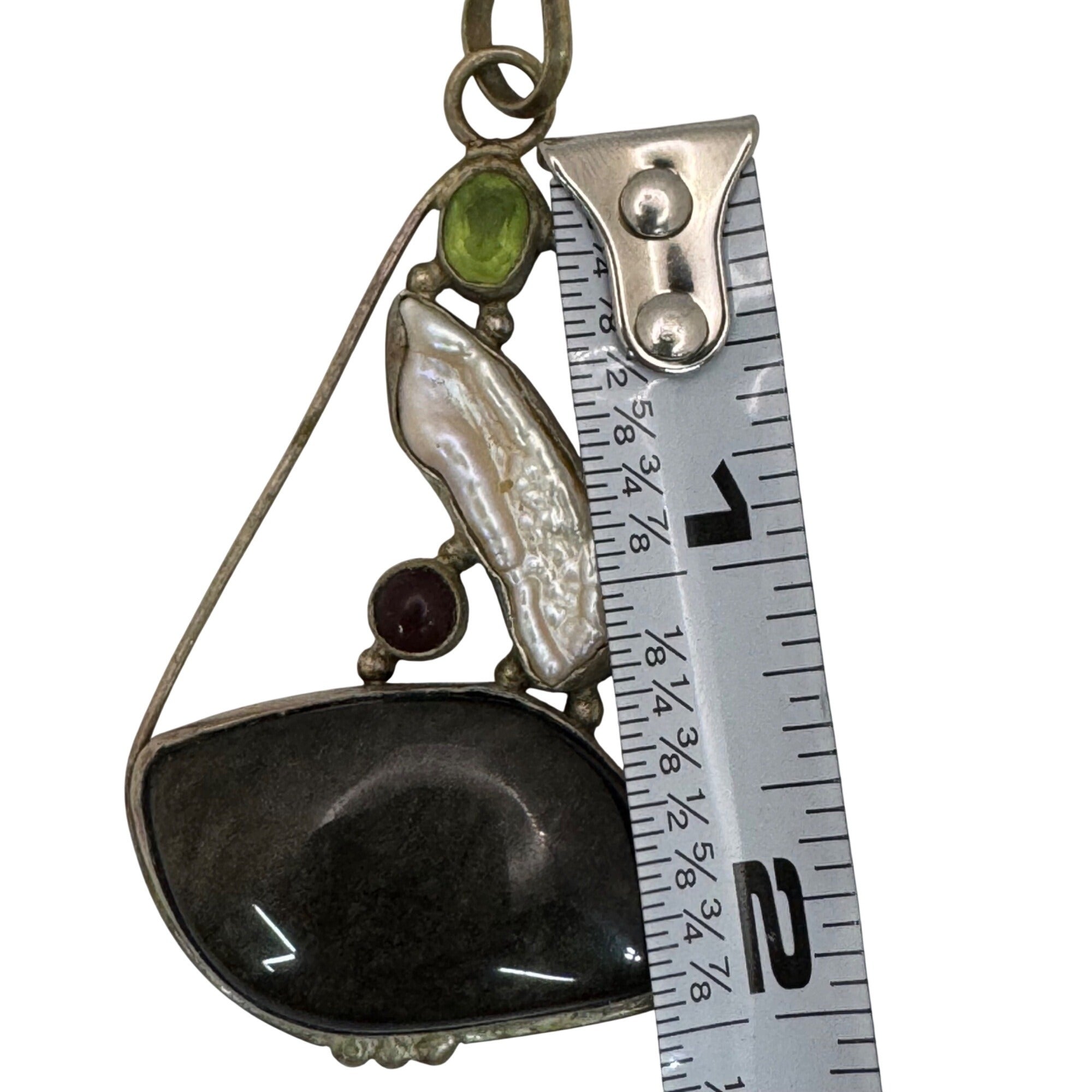 Abstract Sterling Silver Pendant Agate Baroque Pearl Peridot Garnet Artisan VTG