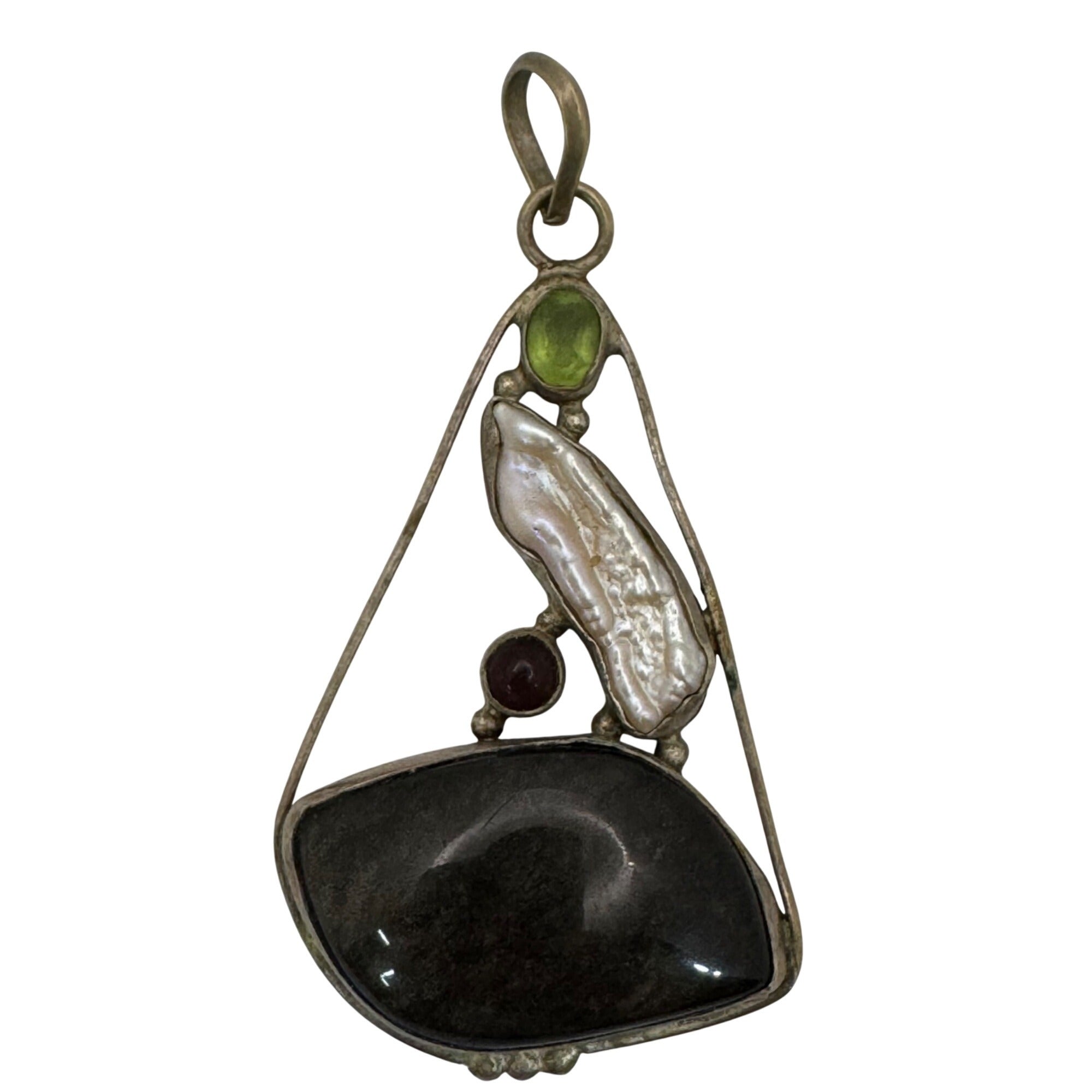 Abstract Sterling Silver Pendant Agate Baroque Pearl Peridot Garnet Artisan VTG