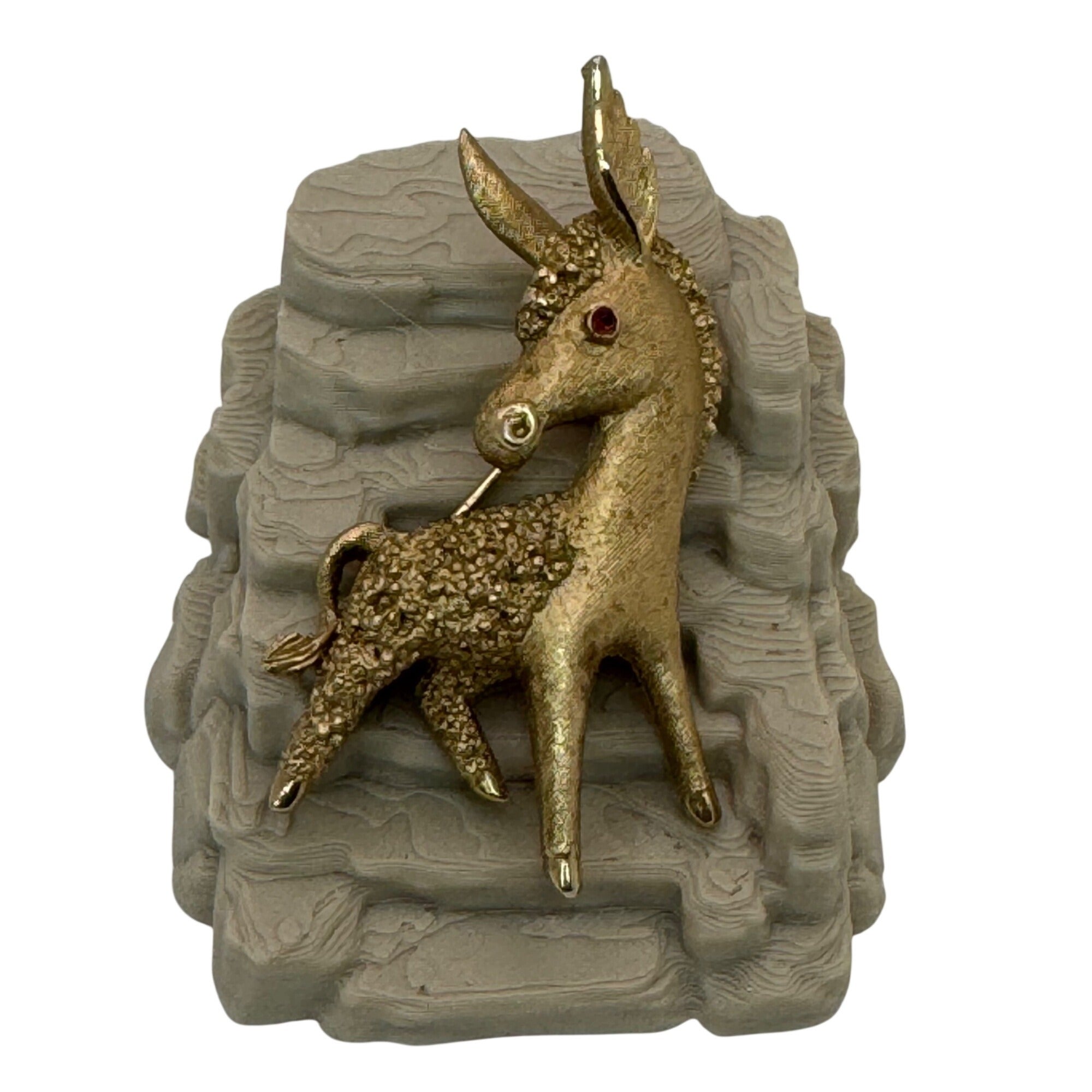 Trifari Donkey Brooch Gold-Tone Ruby Red Rhinestone Eyes 2" Vintage Burrow Mule