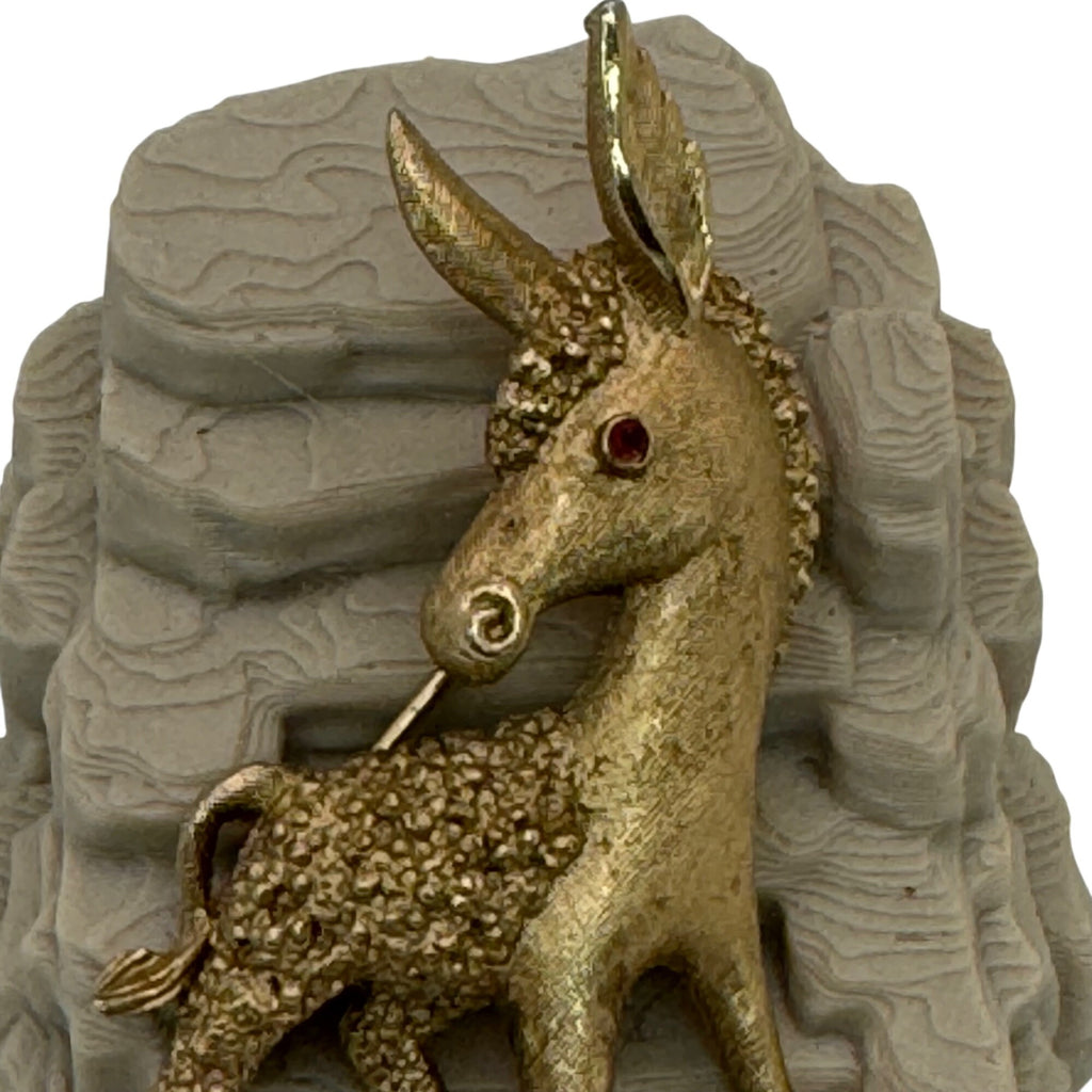 Trifari Donkey Brooch Gold-Tone Ruby Red Rhinestone Eyes 2" Vintage Burrow Mule