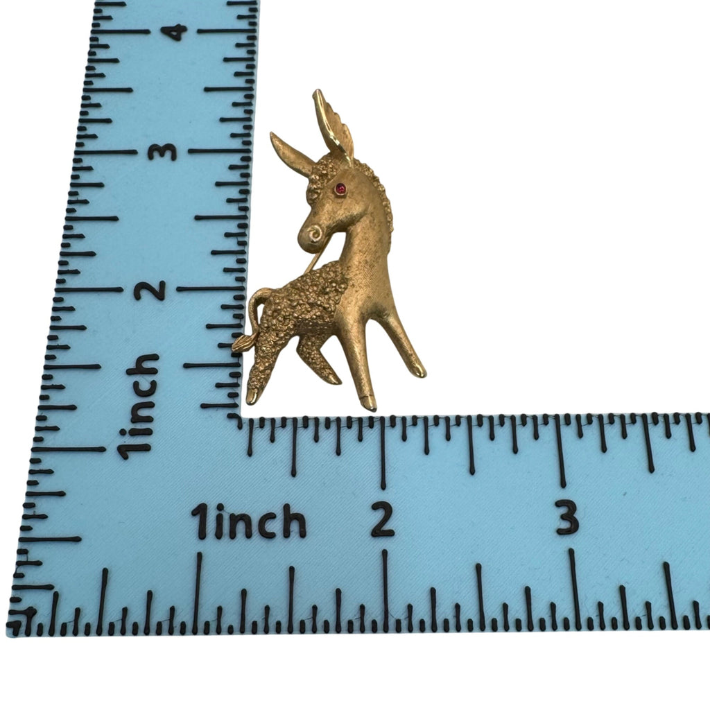 Trifari Donkey Brooch Gold-Tone Ruby Red Rhinestone Eyes 2" Vintage Burrow Mule