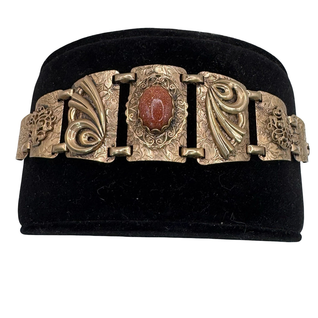 Vintage Gold Tone Etched Panel Bracelet GoldStone Floral & Scroll 7" Art Deco