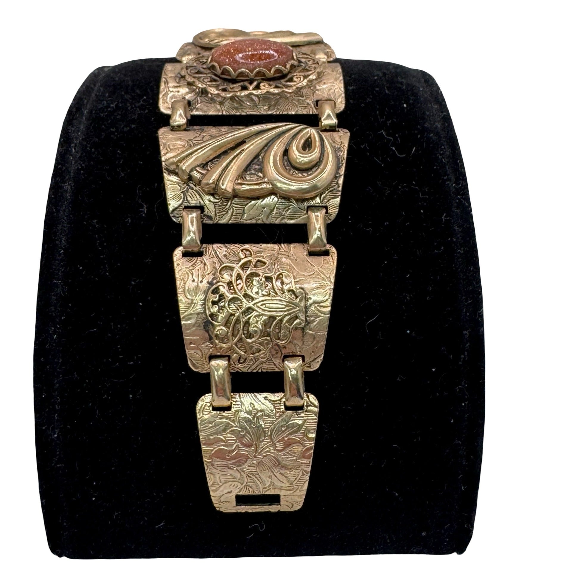 Vintage Gold Tone Etched Panel Bracelet GoldStone Floral & Scroll 7" Art Deco