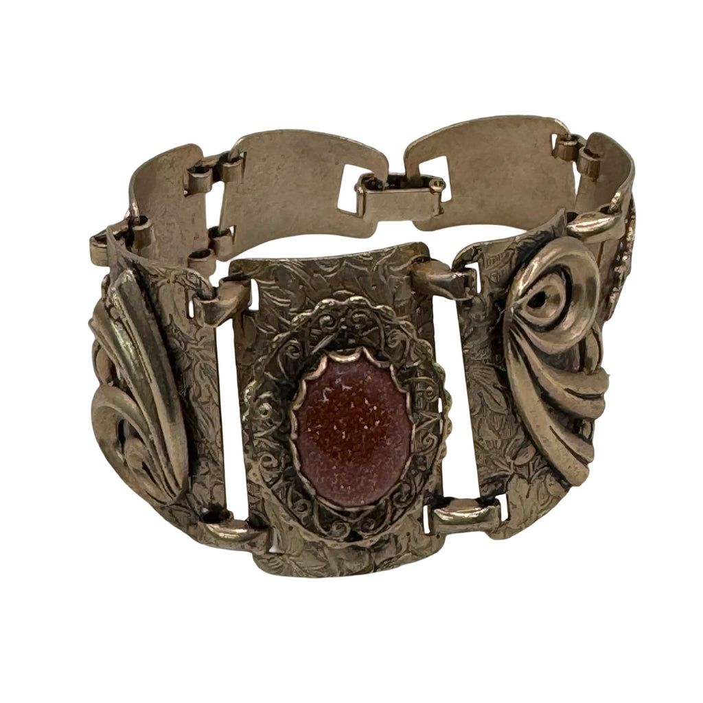 Vintage Gold Tone Etched Panel Bracelet GoldStone Floral & Scroll 7" Art Deco