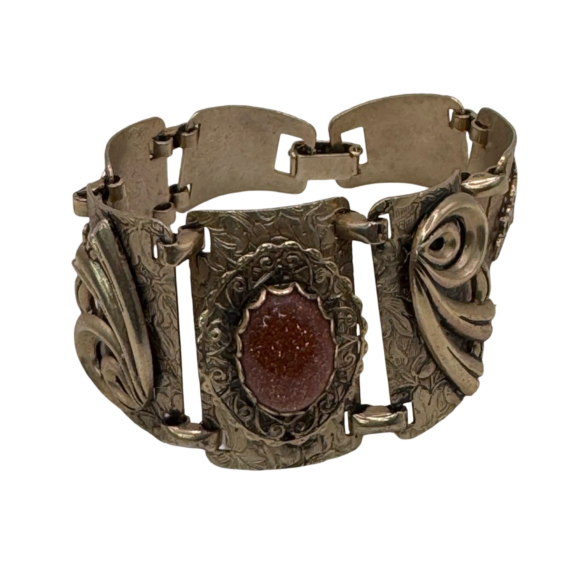 Vintage Gold Tone Etched Panel Bracelet GoldStone Floral & Scroll 7" Art Deco