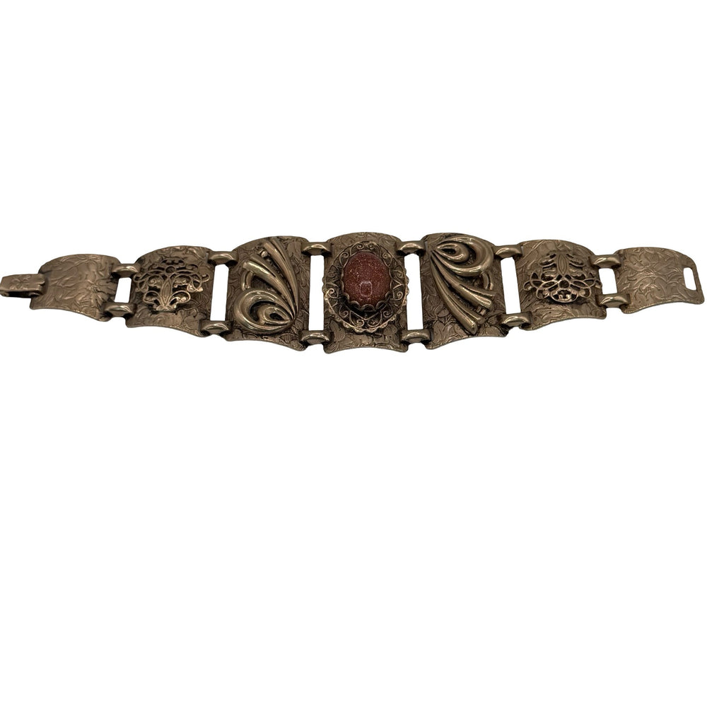 Vintage Gold Tone Etched Panel Bracelet GoldStone Floral & Scroll 7" Art Deco